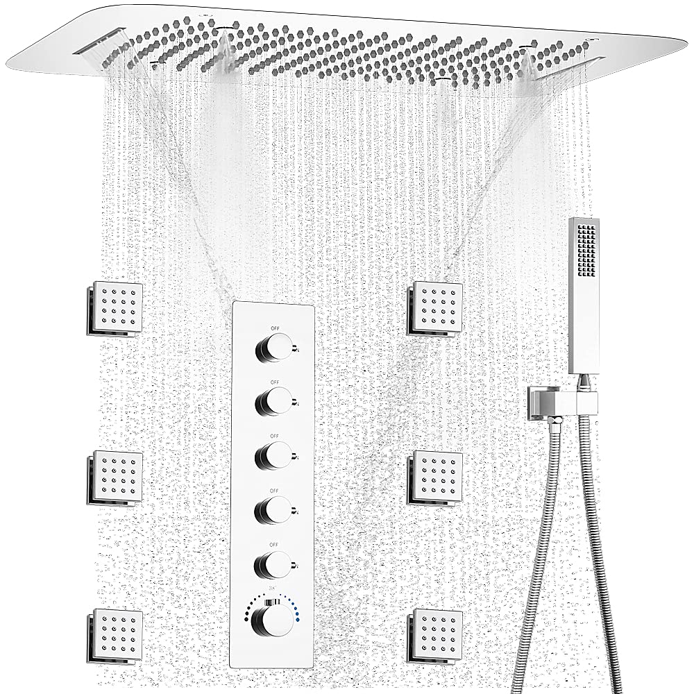 AYIVG Chrome Full Body Shower System 3 In 1 Multi Function Waterfall Rainfall Ceiling 16 X 24 Inch Shower Head Brass 5 Way Thermostatic Shower Faucet with Handheld 6 Body Jets