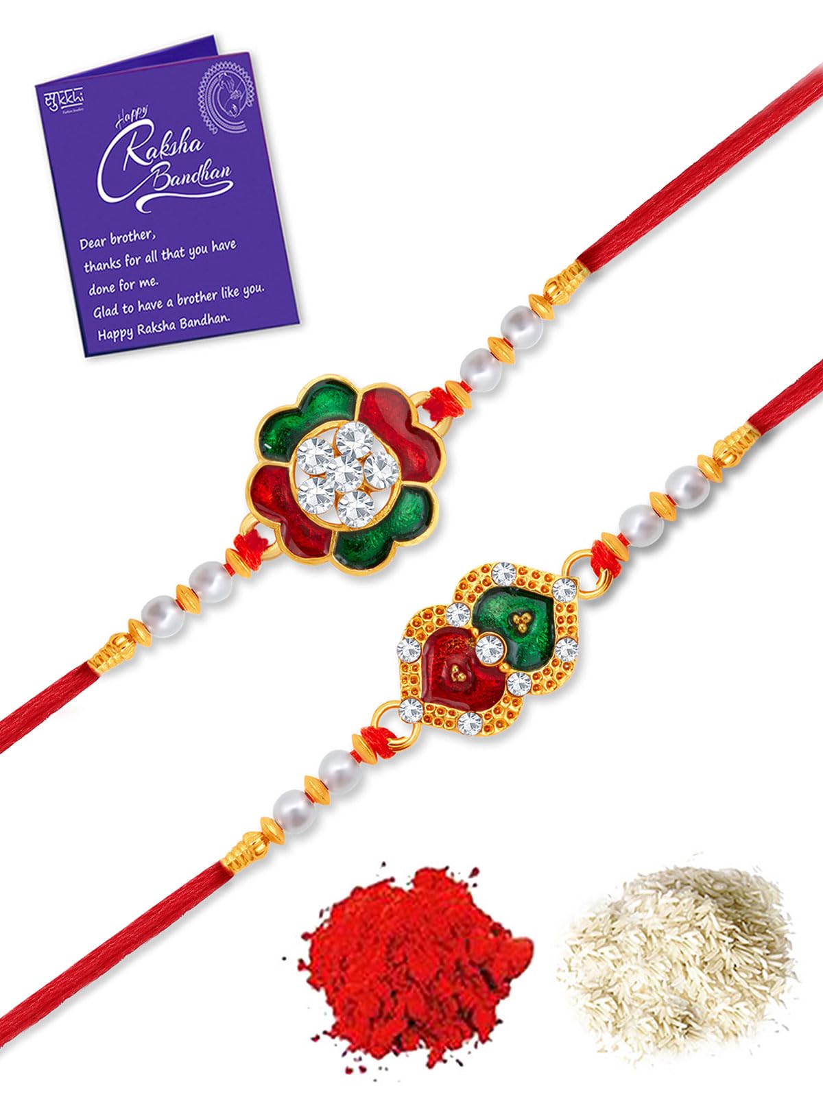 Sukkhi Rakhi Trendy Kundan Rakhi Combo & Designer Gold Plated Premium Rakhi for Brother, Roli Chawal & Greeting Card|Rakhi for Bhaiya|Rakhi for MEN|Kundan Rakhi|Rakhi Combo-Set of 2 (CBRAK105030) (B0C7W3Y1RM) Amazon Price History, Amazon Price Tracker