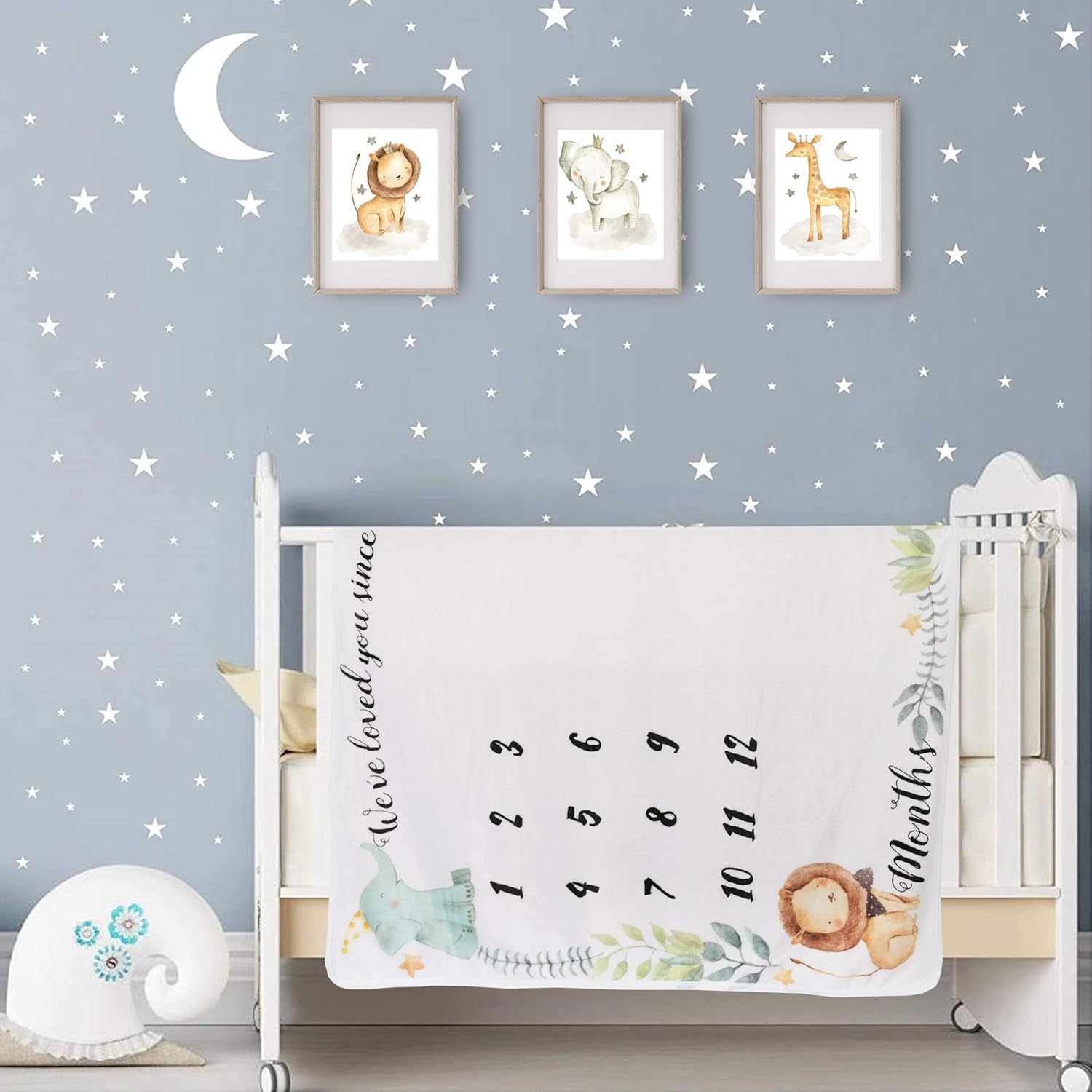 Safari Baby Monthly Milestone Blanket for Boy and Girl, Gift for Baby Shower, Growth Chart Photo Blanket, Wreath &12 Stickers Included, Soft Flannel Blanket, Elephant, Lion 40''x 40'' - Image 7