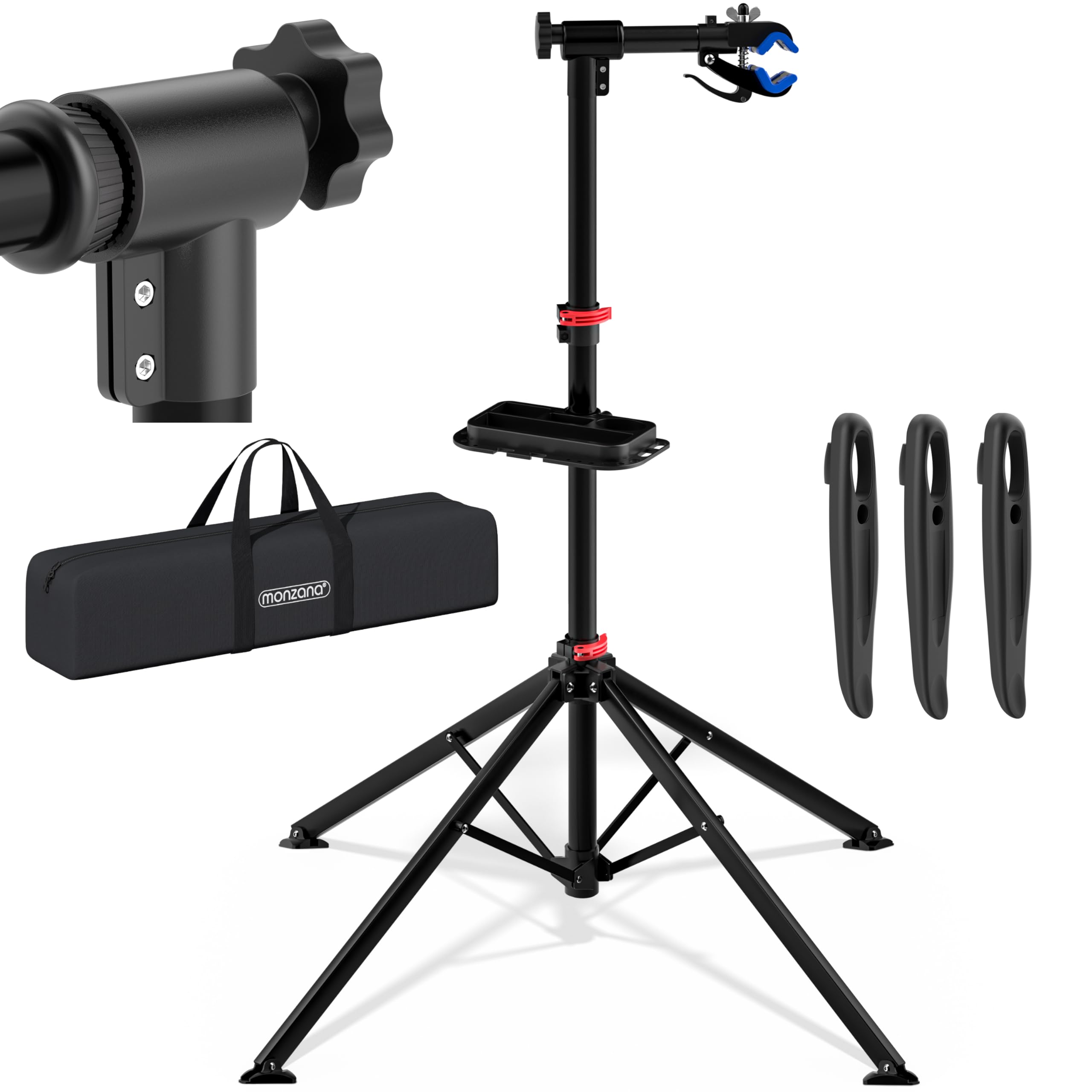 Monzana® Bike Maintenance Workstand with Magnetic Tool Tray & Practical Carry Case | Adjustable Rack Height Workshop Stand For E-Bike Bicycle Assembly | 25-40mm Frame Clamp | 30kg Capacity