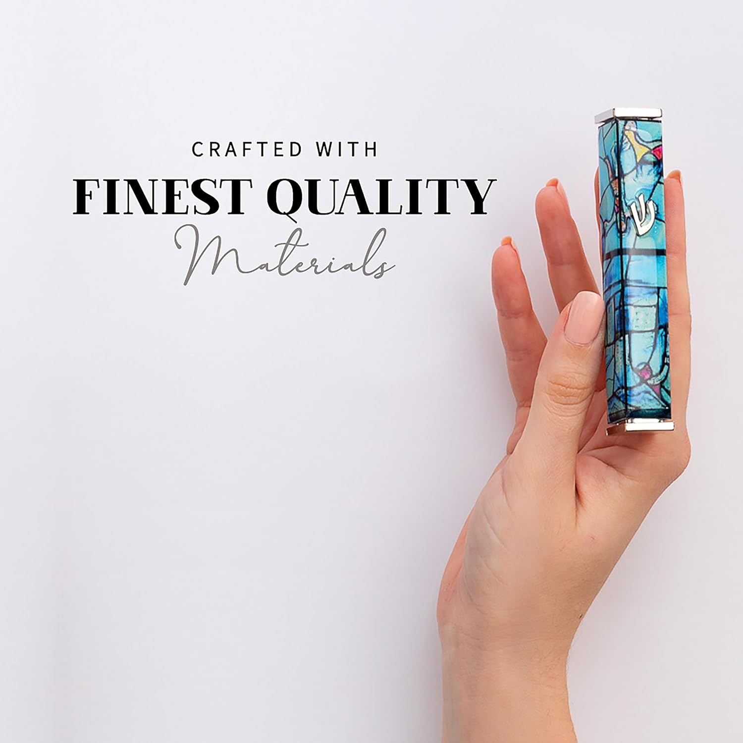 SURI Mezuzah for Door with Printed Scroll Inside | 4" Modern Mezuzah Case in Turquoise & Silver Marc Chagall Design | Adhesive Included - Ideal Jewish Gift from Israel