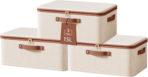 Tuza 3 contenedores rígidos de almacenamiento con tapa con cremallera, cajas de almacenamiento de tela de lino de algodón, estantes plegables para