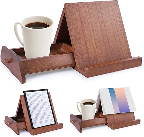 Juome Soporte de madera para libros, marcador triangular para soporte de página, valet de lectura de rincón de libro con portavasos para
