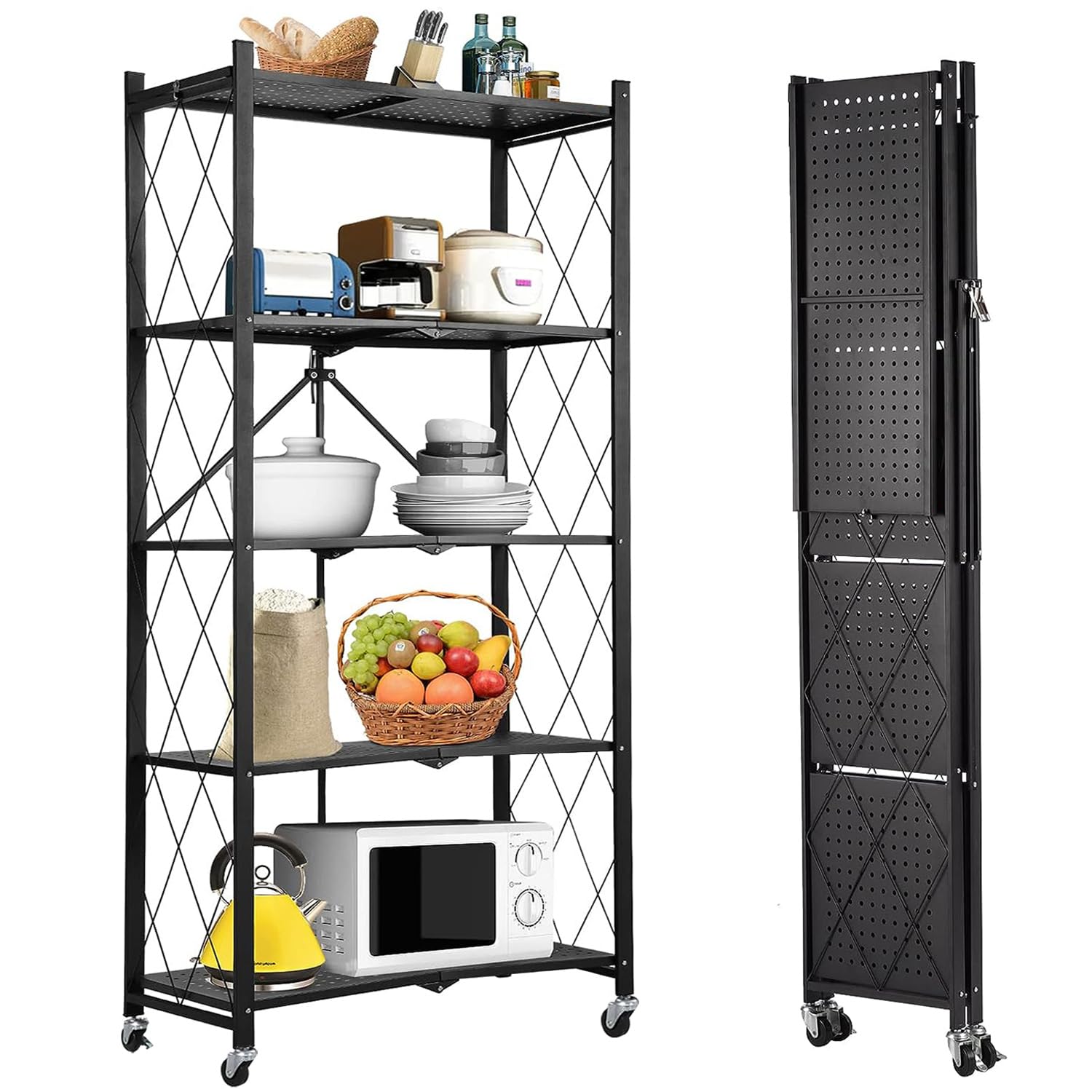 ABOUT SPACE Foldable Kitchen Storage Rack - 5 Tier Space Saving Metal Stand with Caster Wheels Crockery Unit Multifunctional Movable Microwave Stand Trolley -Upto 150Kg (Black- L 72 x B 34 x H 160 cm) (B0CP2BLWM4) Amazon Price History, Amazon Price Tracker