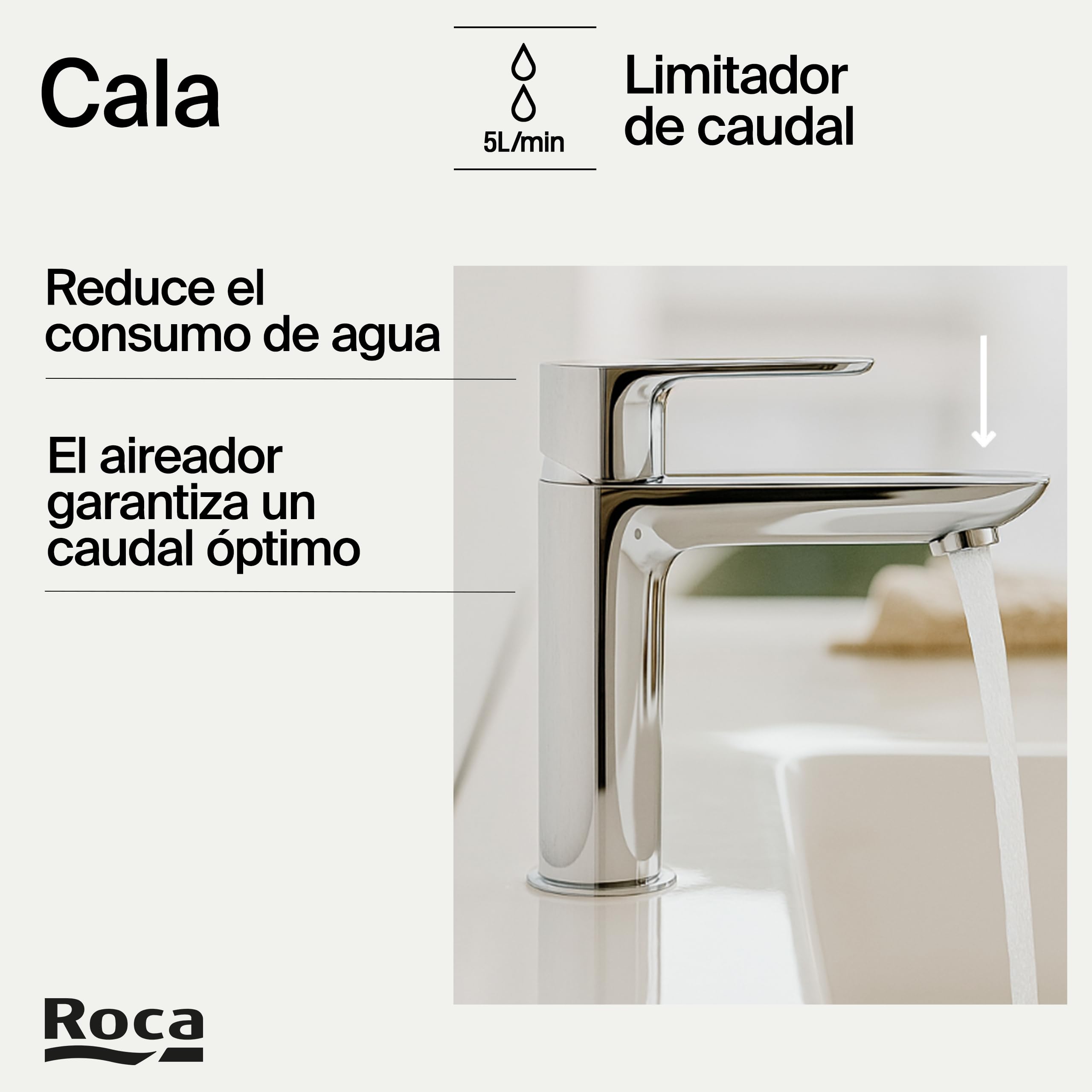 Roca Cala Grifería para lavabo con tecnología Cold Start, grifo monomando de repisa con enlaces de alimentación flexibles, mezclador para cuarto de baño de fácil instalación, cromado, A5A326EC00