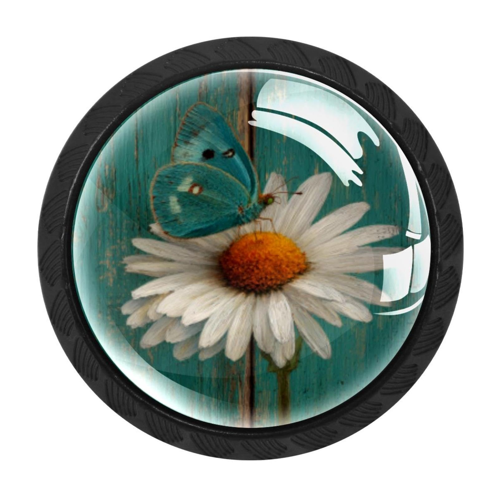CHENZZZZ 4 Pack Black Daisy Butterfly on Rustic Teal Wooden (2) Cabinet Pulls with Screws, Kitchen Cabinet Knobs Hardware