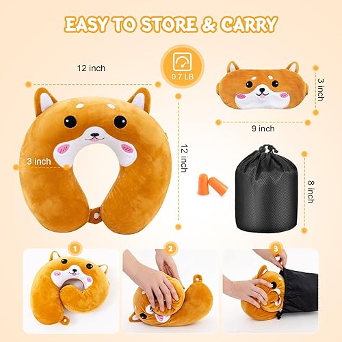 Vista 30 de Almohada de viaje para niños y adultos, bonita almohada para el cuello para viajar, almohada de espuma viscoelástica para avión, almohada para Azul