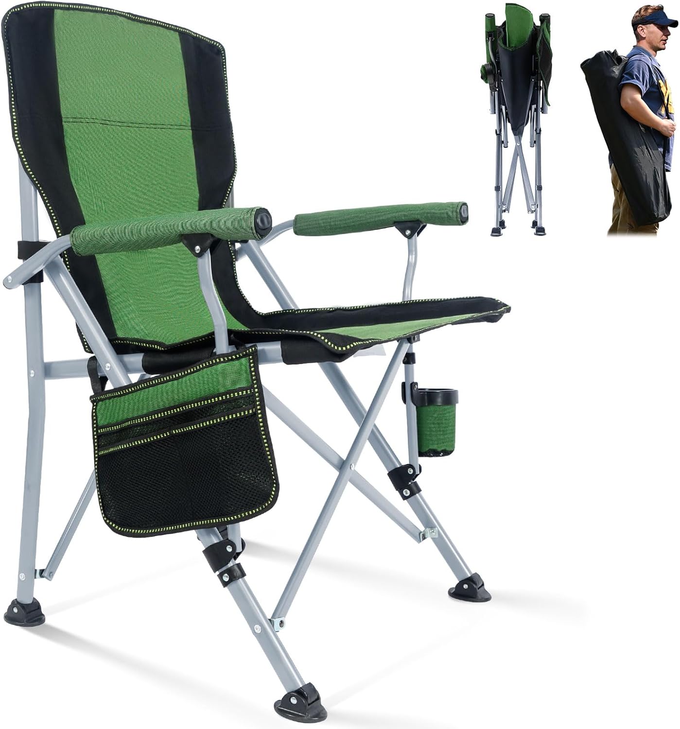 Folding Camping Chair Portable Outdoor Beach Chair, Heavy Duty Foldable Lawn chair Support 330lbs, Collapsible Lightweight Camp Chair with Cup Holder&Carry Bag for Fishing Outside Sports Picnic(Green) Green Normal Camping Chair