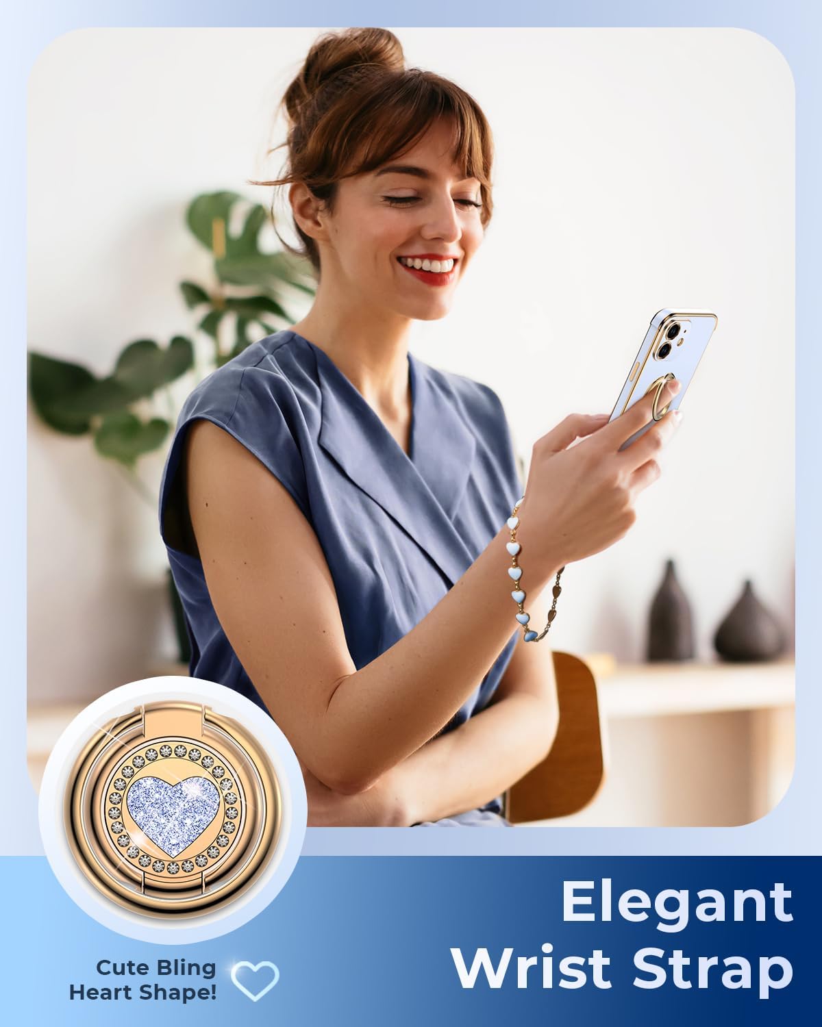 XYZ for iPhone 12 Case with Stand, Phone Case with Double Ring Kickstand, Women Girl Cute Love-Heart Luxury Bling Protective Case Heart for iPhone 12, Blue - Image 4