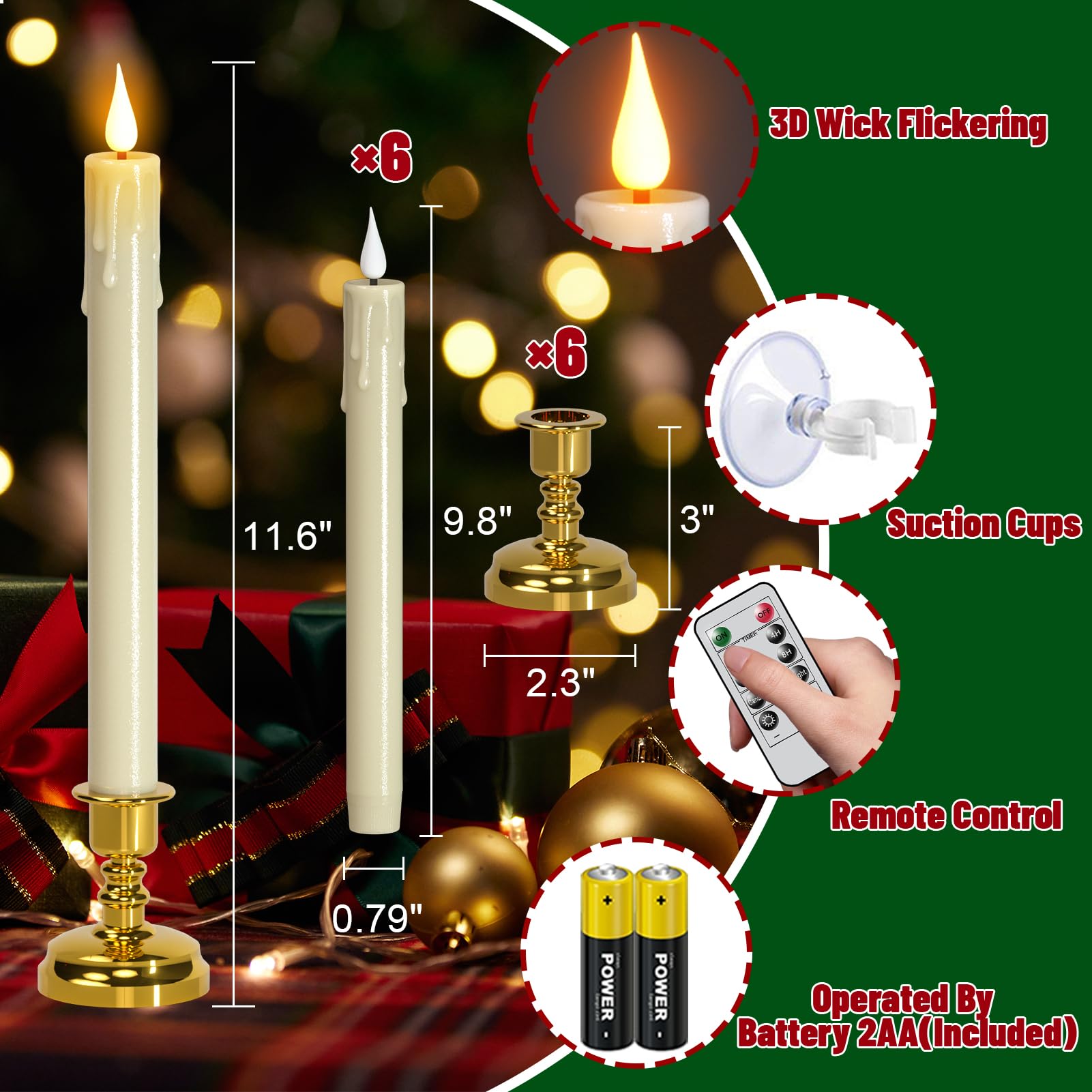 Candele natalizie senza fiamma per finestre, a batteria, con telecomando e timer, confezione da 6 candele a LED in plastica bianca tremolanti con ventose, decorazione per interni (supporti