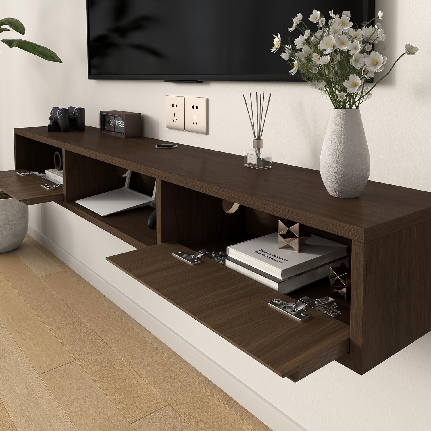 47 in Floating TV Stand Floating Tv Console for Tvs Up to 32/65 Inch Entertainment Center for Wall with 2 Flip-Down Cabinet Doors for Bedroom Living Room,Walnut+Natrural 47 IN Walnut+natrural