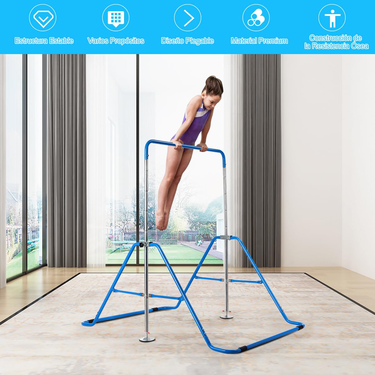COSTWAY Barra Gimnasia Artistica, Estructura Triangular, Barra Horizontal Junior Ajustable en Altura, Equipo Gimnasia Ritmica para Entrenamiento Niños Niñas