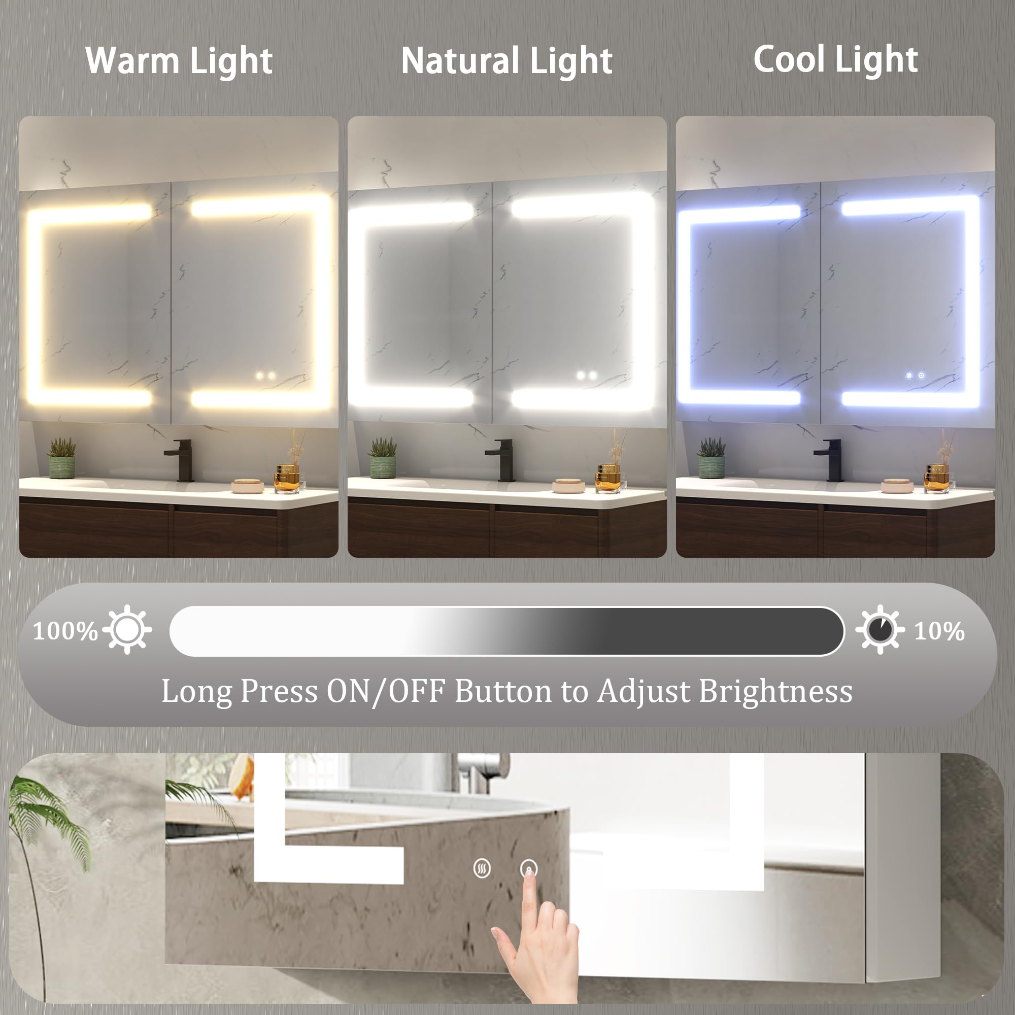 100% Premontado Armario Espejo Baño 80x60 cm con Luz LED, Antivaho, Enchufe y USB, Armario de Baño de Aluminio, Estantes de Cristal Regulables, Montaje en Pared para Cuarto de Baño