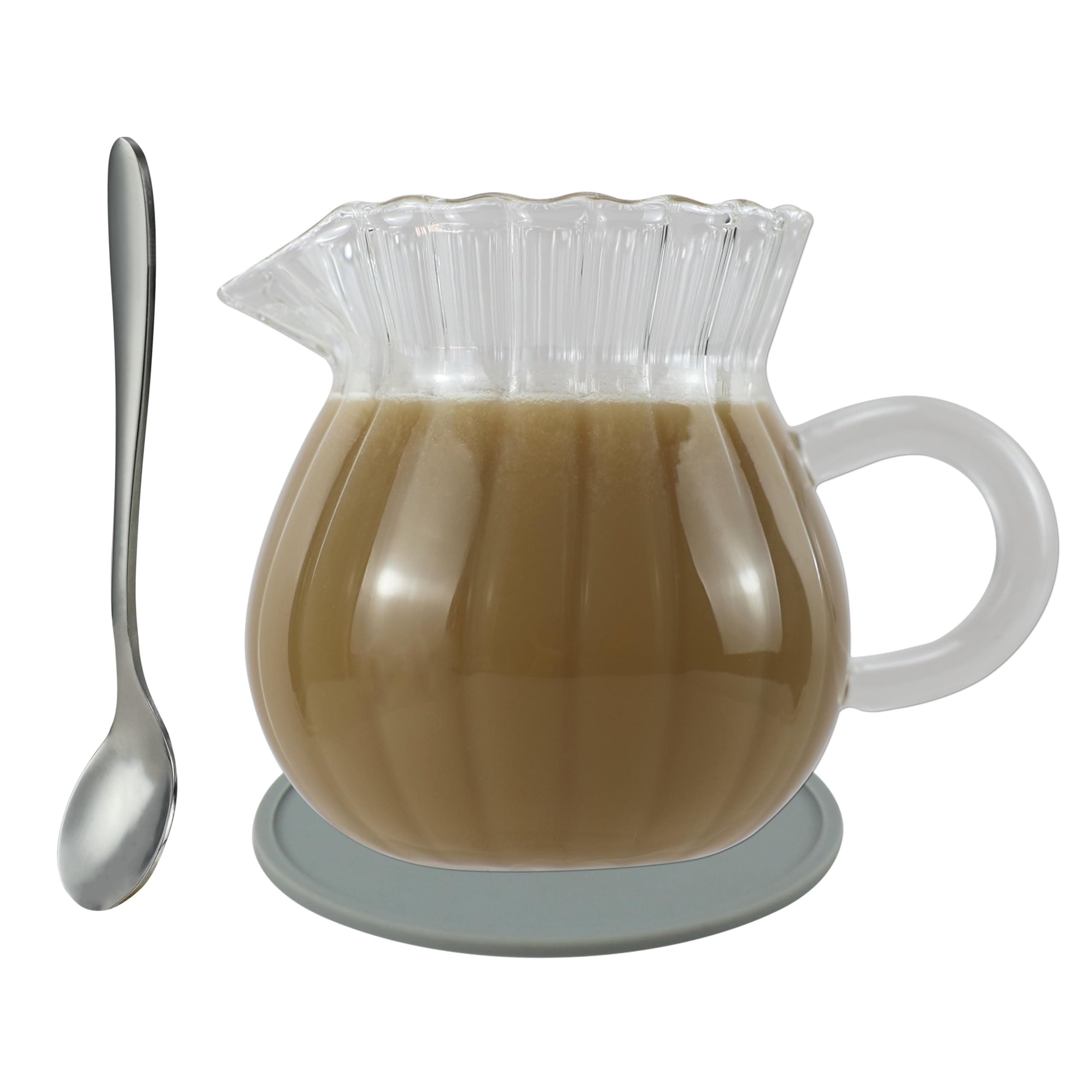EIKS 200 ml Glass Creamer Pitcher with Handle and Spoon for Serving Coffee Milk Cream Tea Beverage Sauce Jam dressings