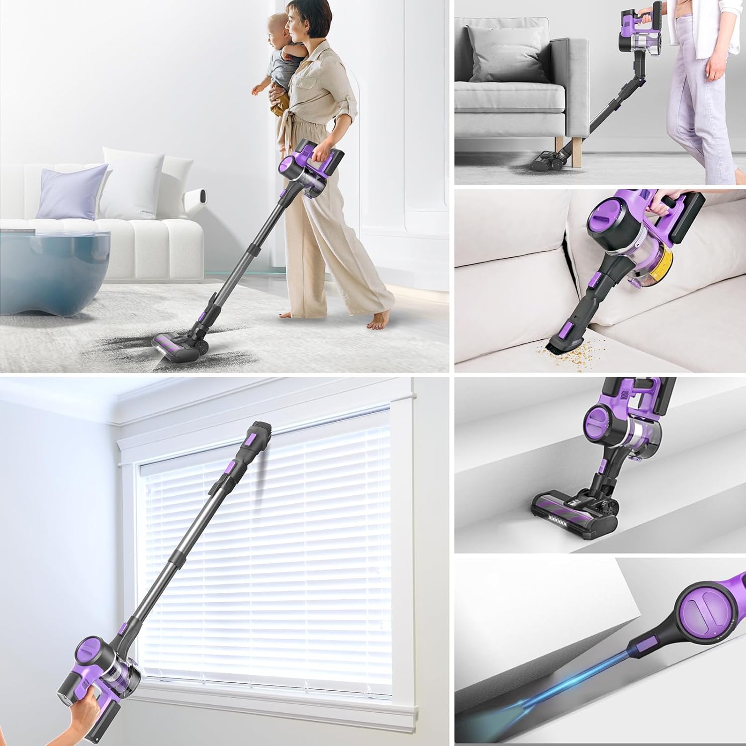 Aspirapolvere Senza Fili Potente 45kPa,Scopa elettrica a Batteria Senza Sacco, Rimovibile Batteria 50min,Multi-filtraggio, LED luci, 1,2L, Pieghevole Tubo Metallico