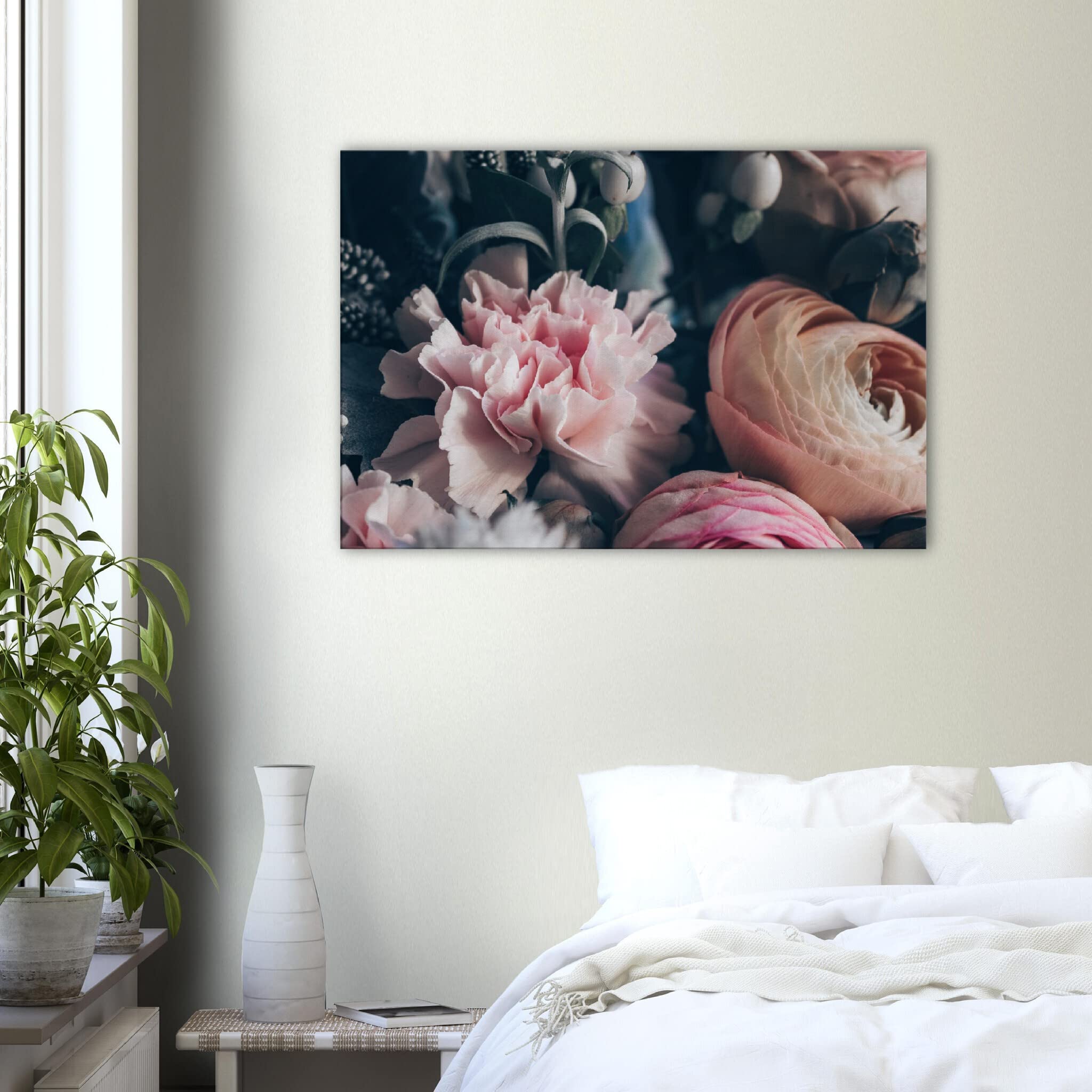 Décoration murale florale moderne : tableau toile encadrée fleurs roses - 5