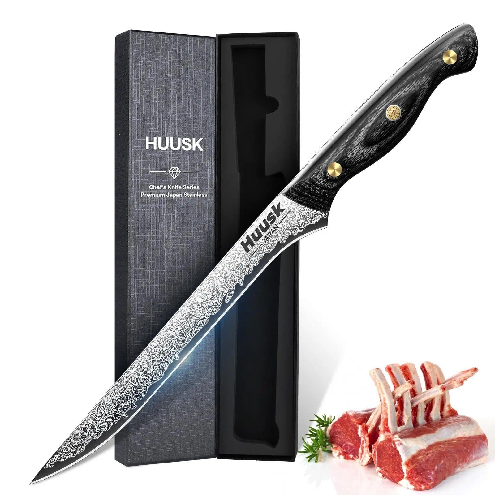 Huusk Damascus Boning Knife 8 inch, VG10 Brisket Trimming Knives for Meat Cutting, Flexible Fillet Knife, Butcher Knives, Kitchen Slicing Knives with Full Tang Handle, Christmas Gift for Men and Women