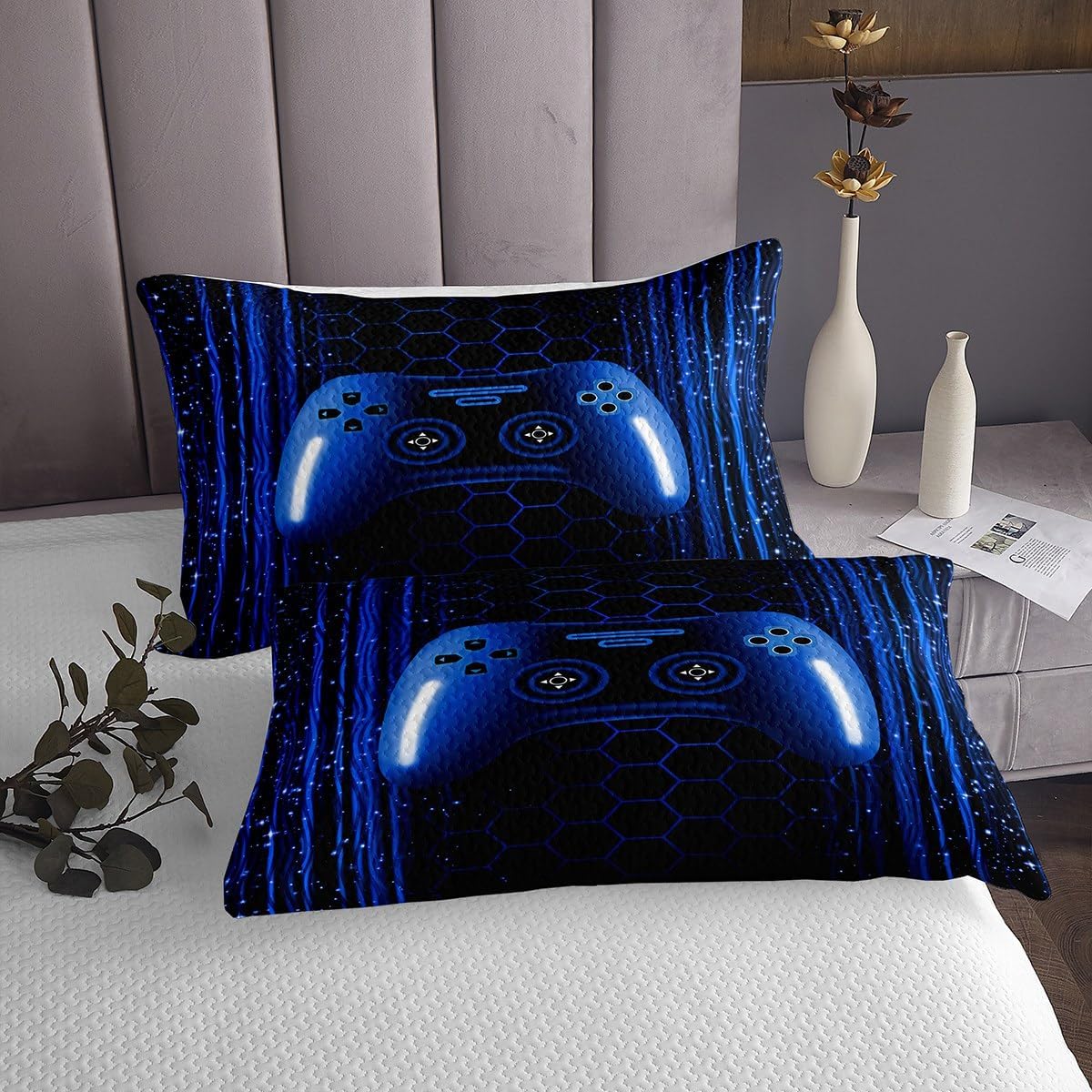 Erosebridal Kids Gamer King Bedding Sets for Boys Bedroom Neon Lights Dark Blue Gaming Bedspread Set for Kids Teens Game Console Striped Honeycomb Hexagon Coverlet Set Geometric Bed