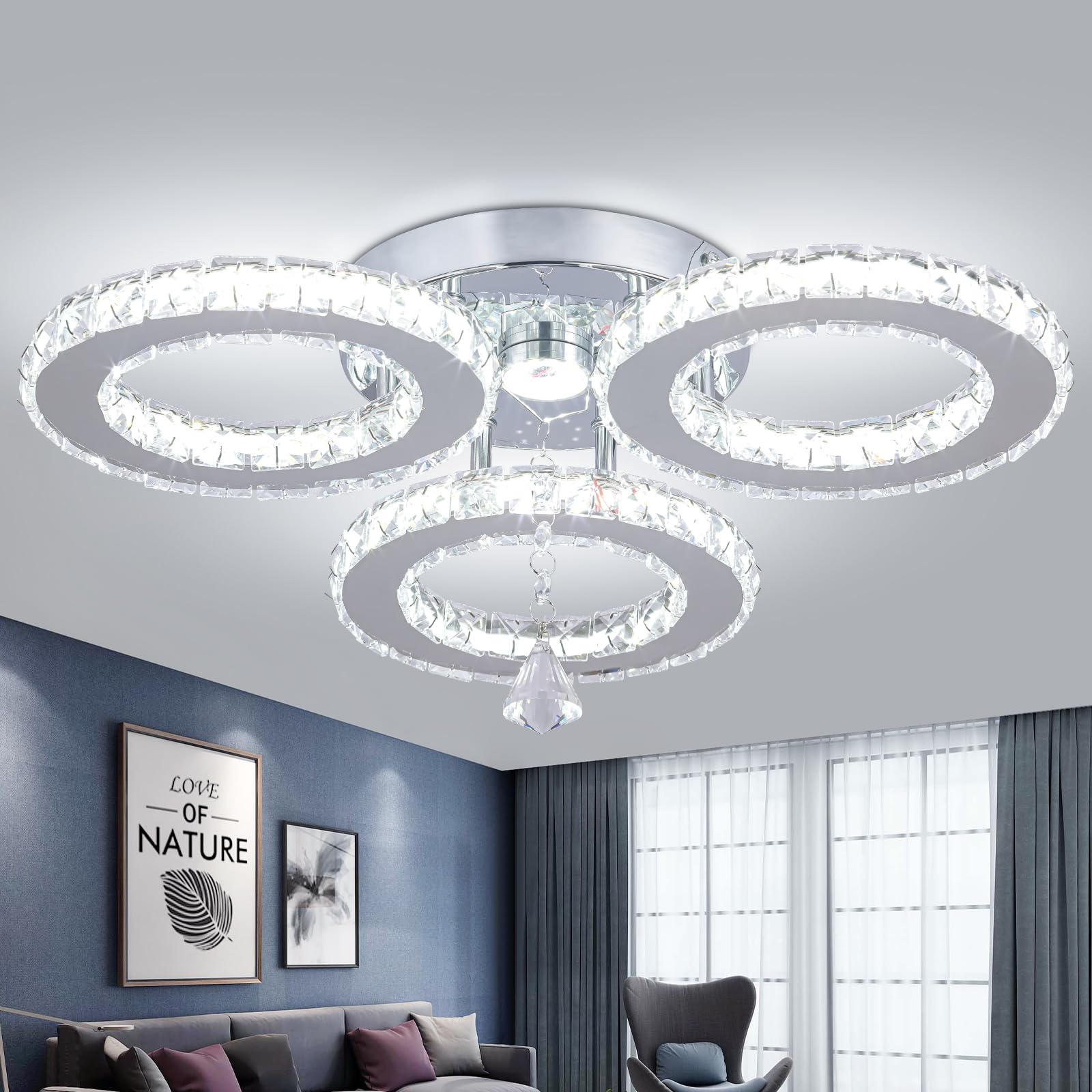Dimmerabile LED cristallo plafoniera 13x3.5 pollici 3 anelli lampadario di cristallo Flush Mount apparecchio di illuminazione per camera da letto Hobby soggiorno
