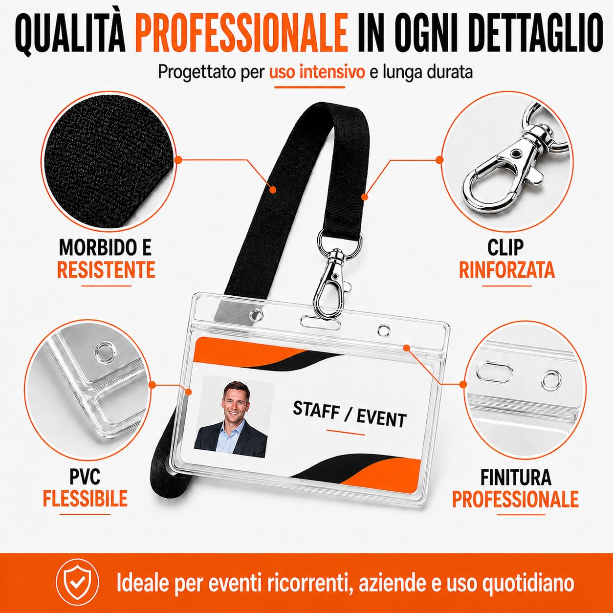 Set 100 Lanyard Neri + 100 Porta Badge Orizzontali 12 x 9 cm | Poliestere 2 cm x 46 cm, gancio metallico 4 cm, PVC trasparente, apertura superiore, lettura RFID e QR senza estrarre la tess