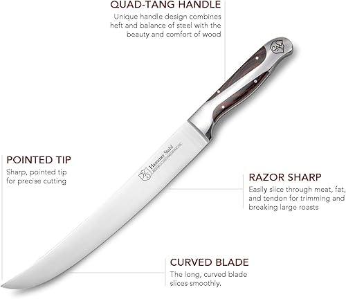 Miniatura 4 de Hammer Stahl X50CrMoV15 - Cuchillo de carne forjado de acero de alto carbono alemán de 10 pulgadas con mango de madera Pakkawood de cuatro espigas,