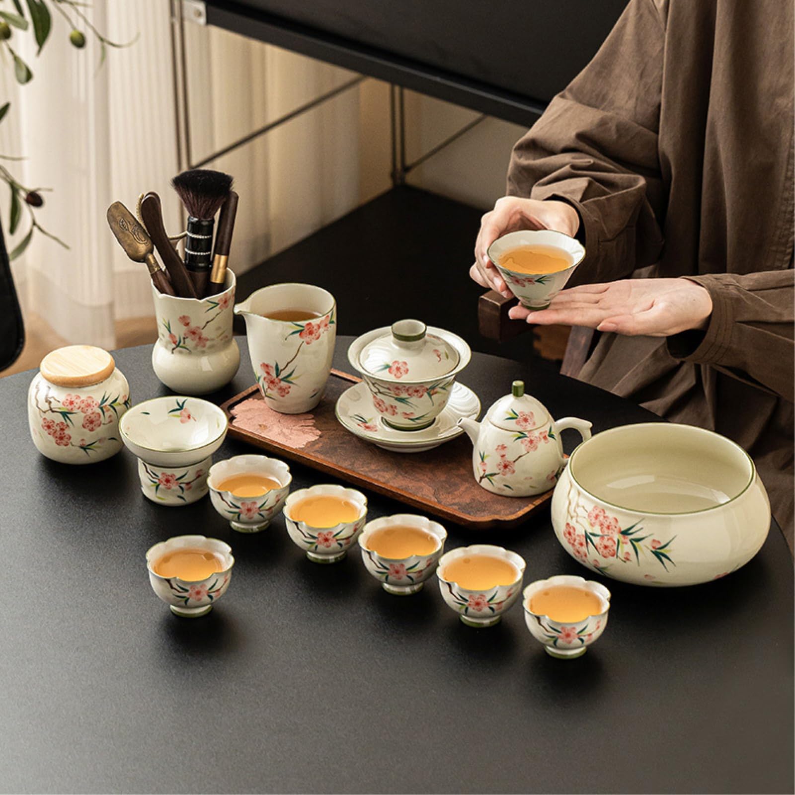 Ręcznie malowany ceramiczny zestaw do herbaty z kwiatem brzoskwini