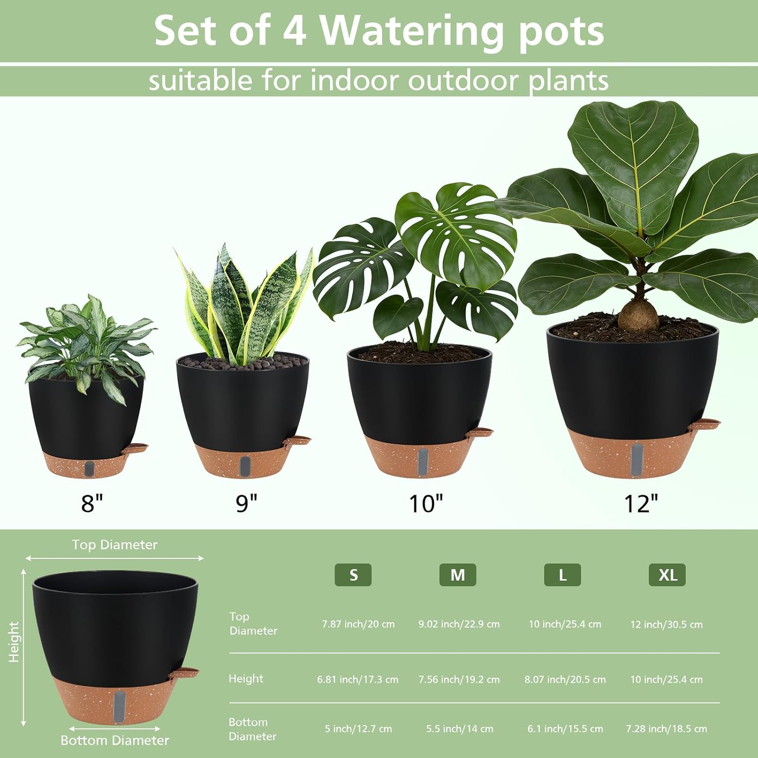Self Watering Planters Set with Water Level Indicator, 12" 10" 9" 8" Large Plastic Flower Pots with Mesh Drainage Hole and Removable Saucer Reservoir for Indoor Outdoor Plants 4pcs （Black