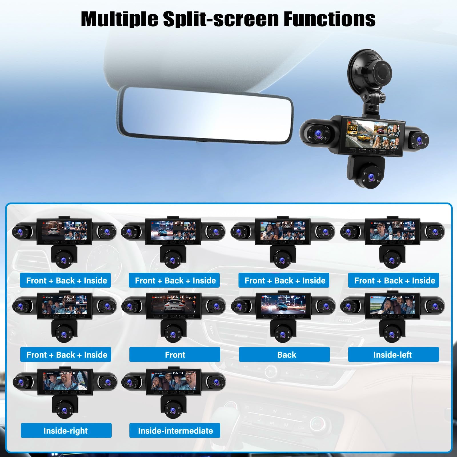OiLiehu 5 Canales Cámara para Salpicadero 3,16" para Coches, Resolución 1080P + 480P, Cinco Lentes con Grabación en Bucle, G-Sensor, Visión Nocturna, Asistencia Aparcamiento,Detección de Movimiento