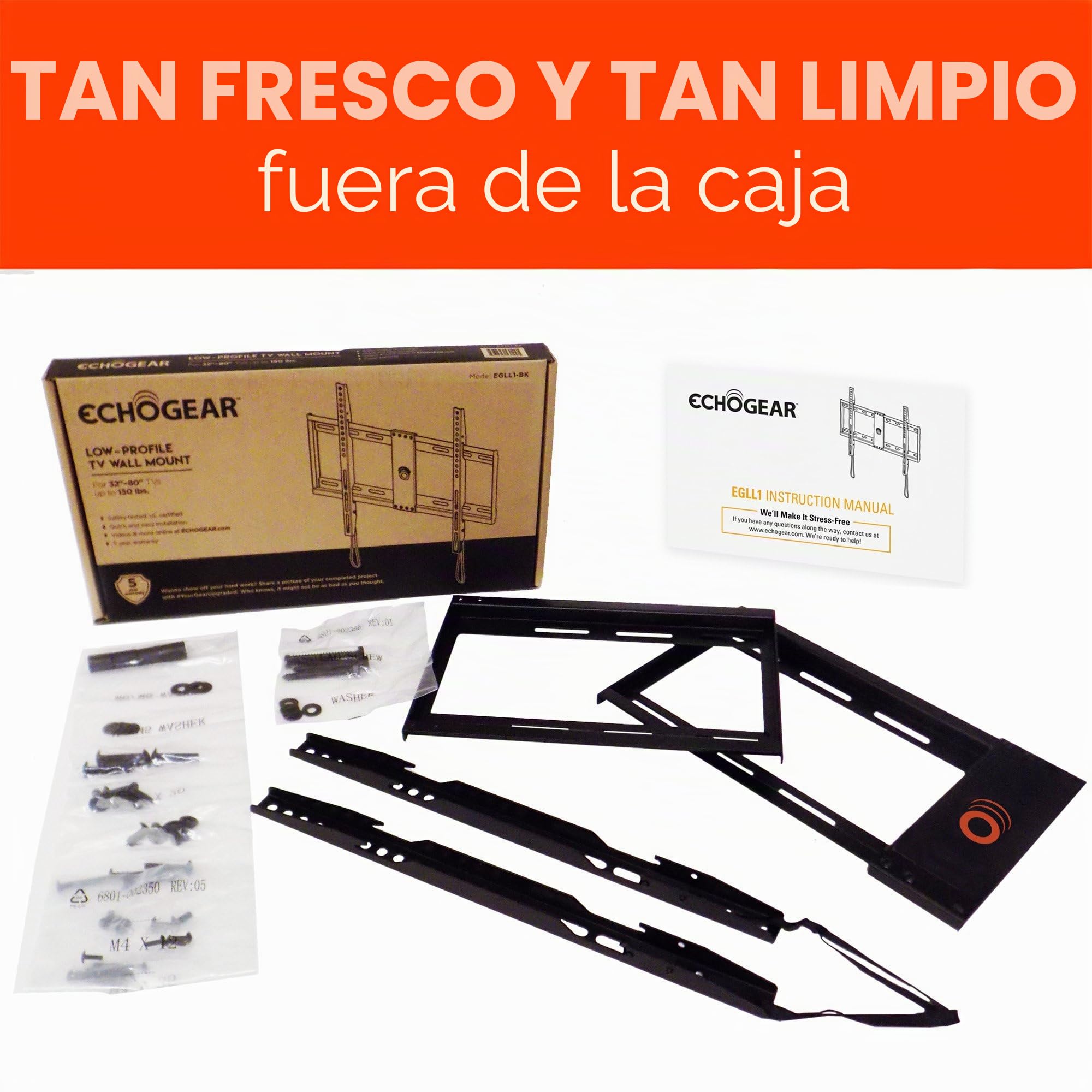 ECHOGEAR SlimView - Soporte Fijo de Pared para TV de Perfil bajo para televisores de hasta 80 Pulgadas, sostiene tu Solo 1.25 Pulgadas del Sistema de Bloqueo de Cuerda de tracción, fácil Acceso por