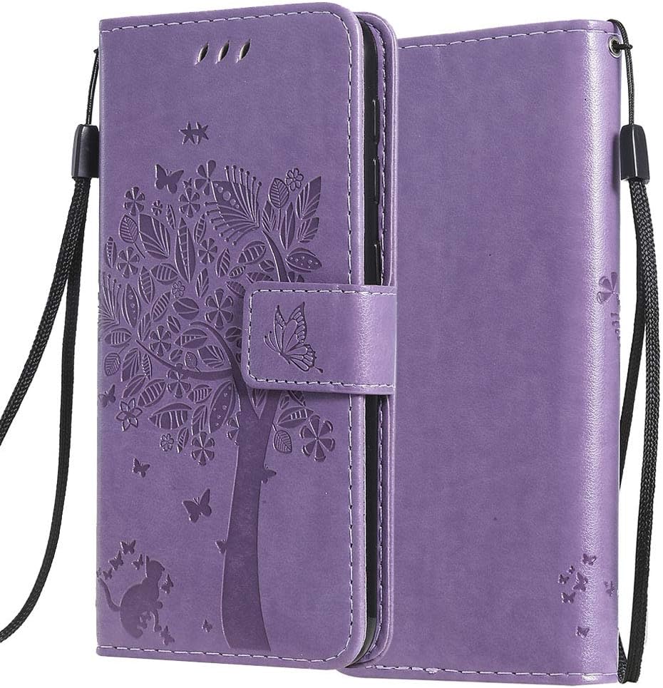 C-Super Mall-UK Designed for iPhone SE 2020 Case, iPhone 8 Case, iPhone 7 Case Embossed Tree Cat Butterfly PU Leather Flip Wallet Cover (Light Purple)