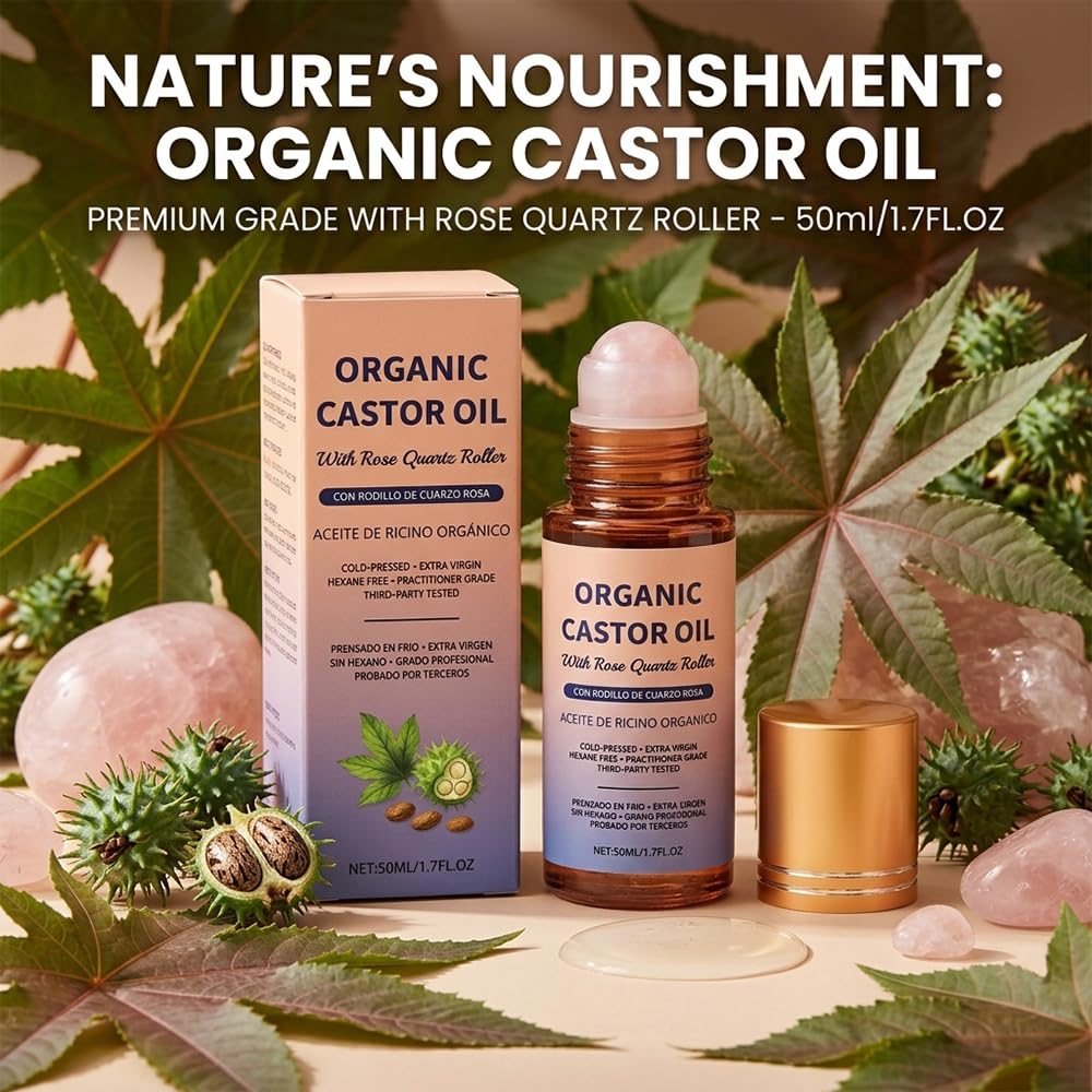 RAINPOT Organic Castor Oil Roll On with Rose Quartz Roller – 100% Cold Pressed Moisturizing Oil for Brows, Lashes, Face, Hairline & Dry Skin – Travel Friendly Leakproof Roller Bottle (1) — view 9