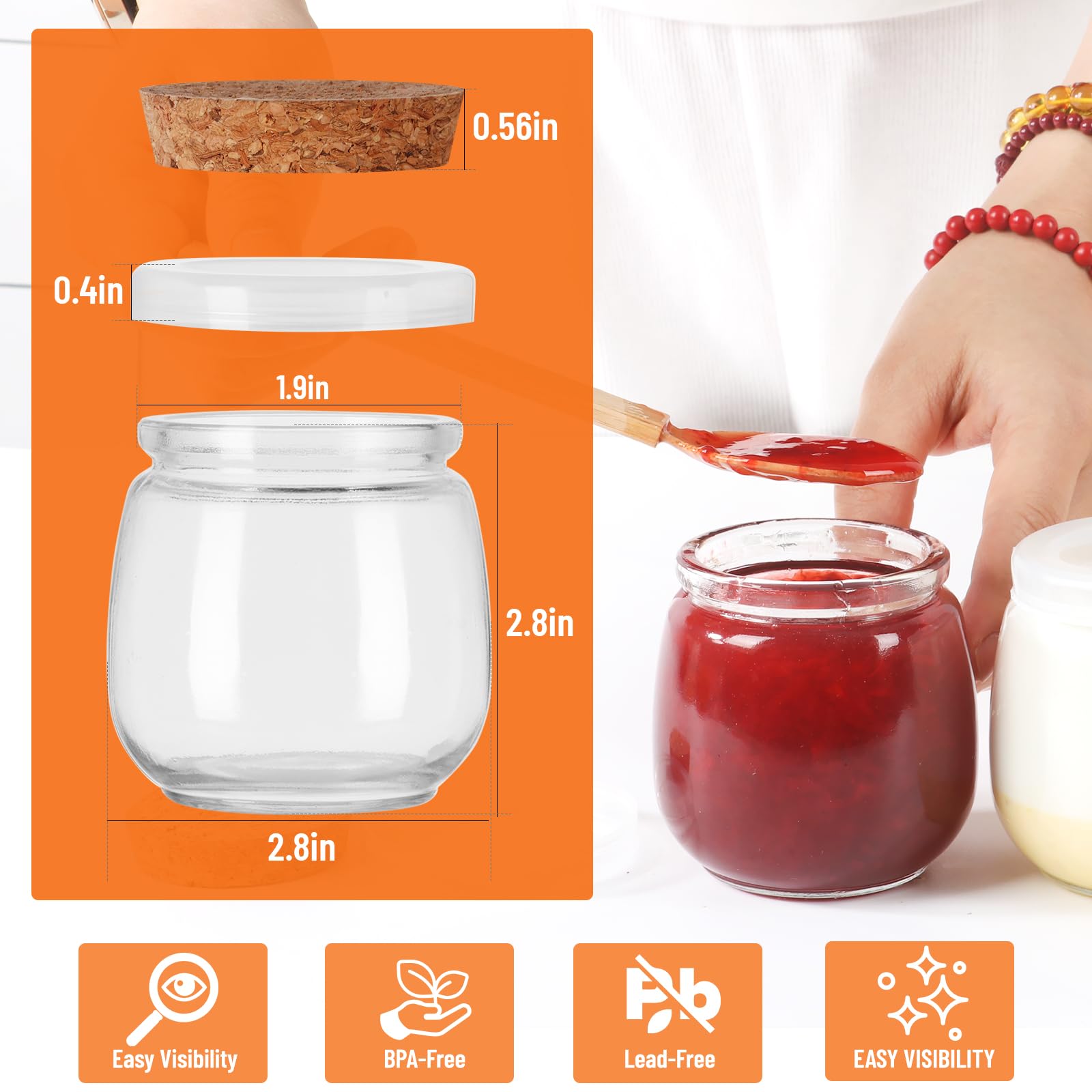 Jaisie.W Paquete de 40 tarros de vidrio de 7 onzas con tapas de corcho y polietileno, tarros pequeños de yogur con tapas, tarros de pudín seguros para alimentos, para miel, mermelada, especias, velas