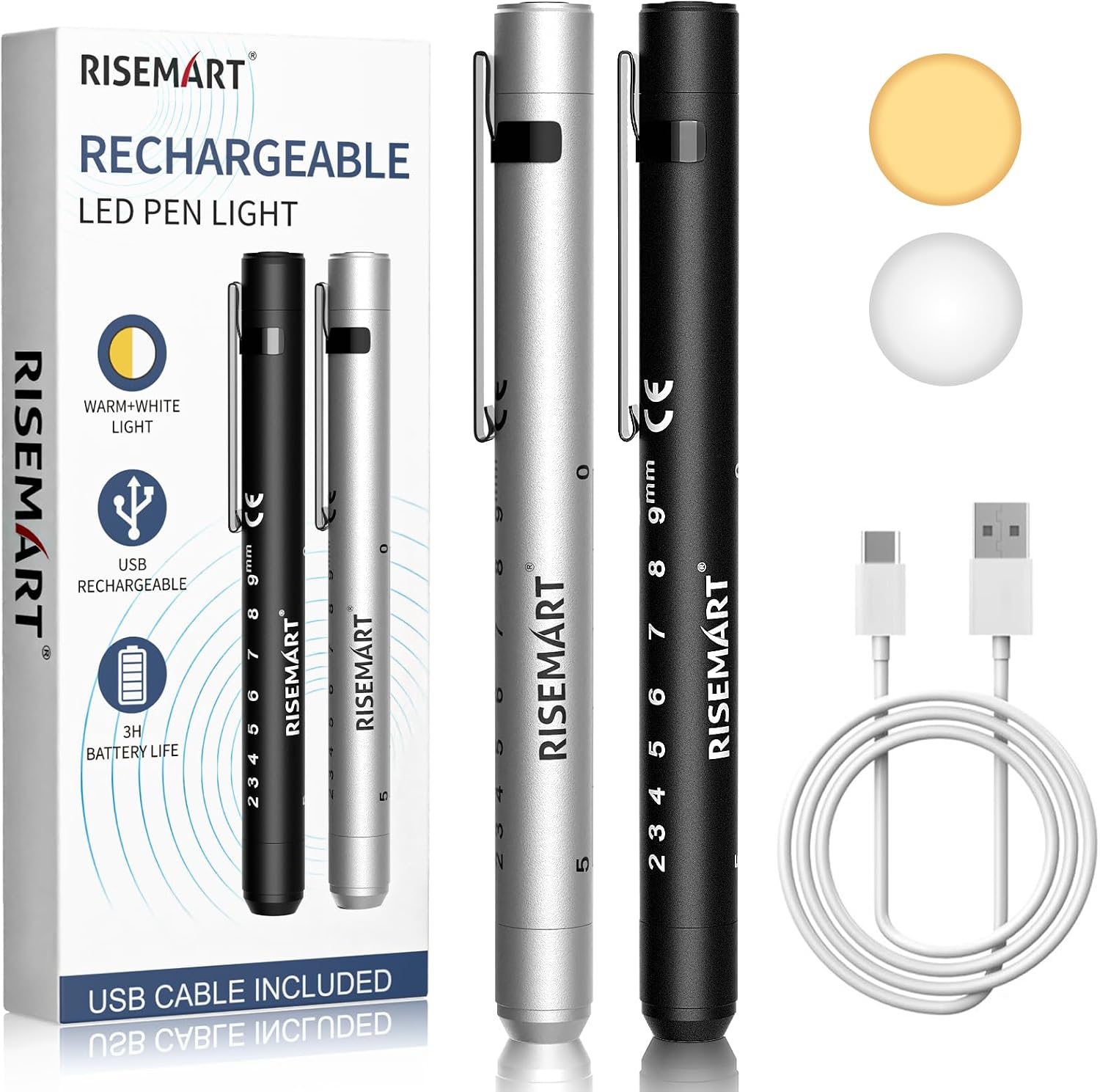 Rechargeable Pen Light for Nurse, 2Packs Rechargeable LED Medical Pen Light, Warm&Cool White Light, Portable Medical PenLight for Nurse, Doctor, First Aid, EMT, Nursing,Nursing Student Black1+Silver1