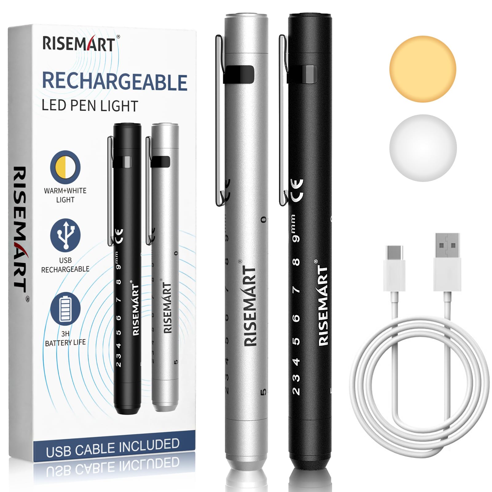 Rechargeable Pen Light for Nurse, 2Packs Rechargeable LED Medical Pen Light, Warm&amp;Cool White Light, Portable Medical PenLight for Nurse, Doctor, First Aid, EMT, Nursing,Nursing Student Black1+Silver1