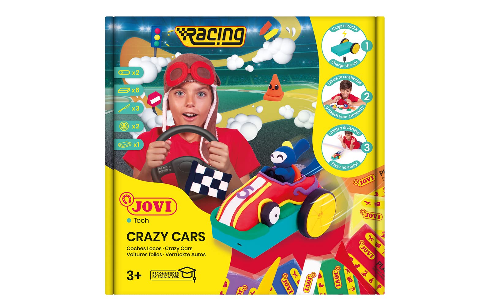 Jovi - JOVITECH Crazy Cars Racing Kit, crea tu propio coche de plastilina, 330gr de plastilina, 3 modeladores, bateria y ruedas (JT101)