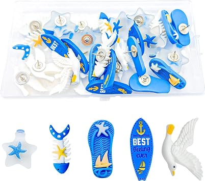30 Pcs Decorative Push Pins for Cork Board Cute Ocean Theme Thumb Tacks for Wall Bulletin Board Seagull,Starfish,Fish,Boat Resin Metal Push Pins for Photos Maps Office or Home Decoration