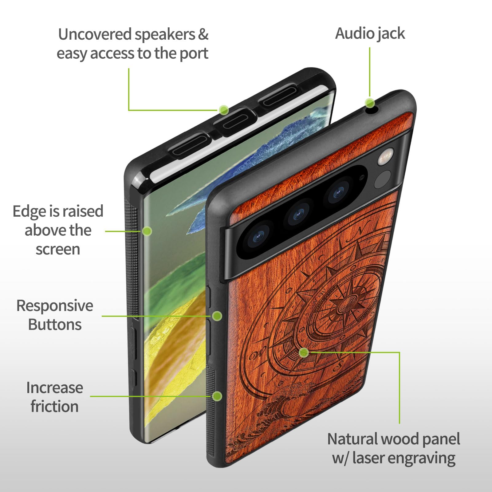 Custodia Carveit In Legno Per Google Pixel 8 Pro – Paraurti TPU Con Incisione Laser 'Tigre Tra Fiori', Supporto Ricarica Wireless - 4