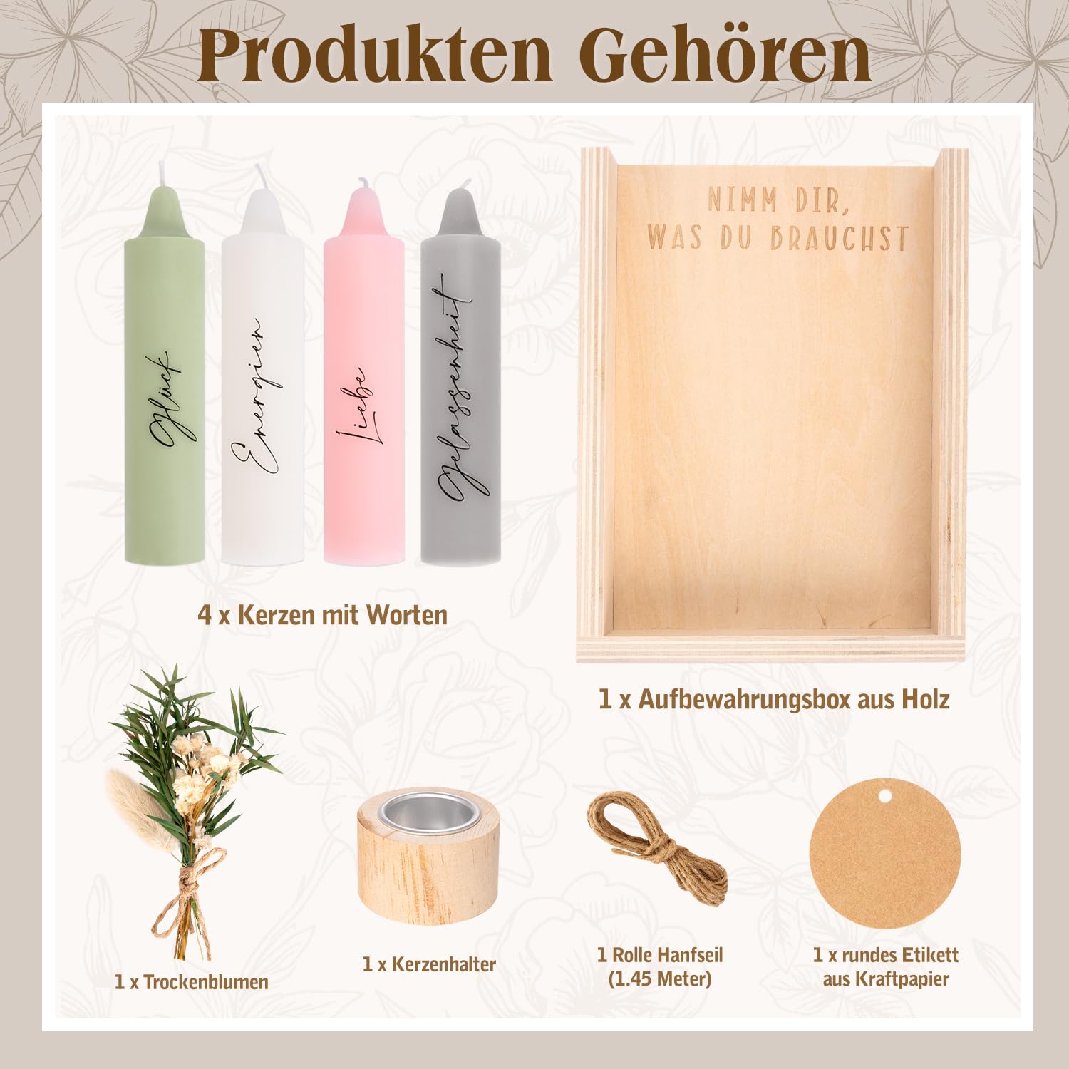 Nimm dir was du brauchst Kerzen, Geschenke für Freundin zum Geburtstag, Perfekte Kerzen Geschenkset mit Kerzenständer | Trockenblumen | Holzbox Holzverpackung, Geschenkidee für Schwester & Freundin