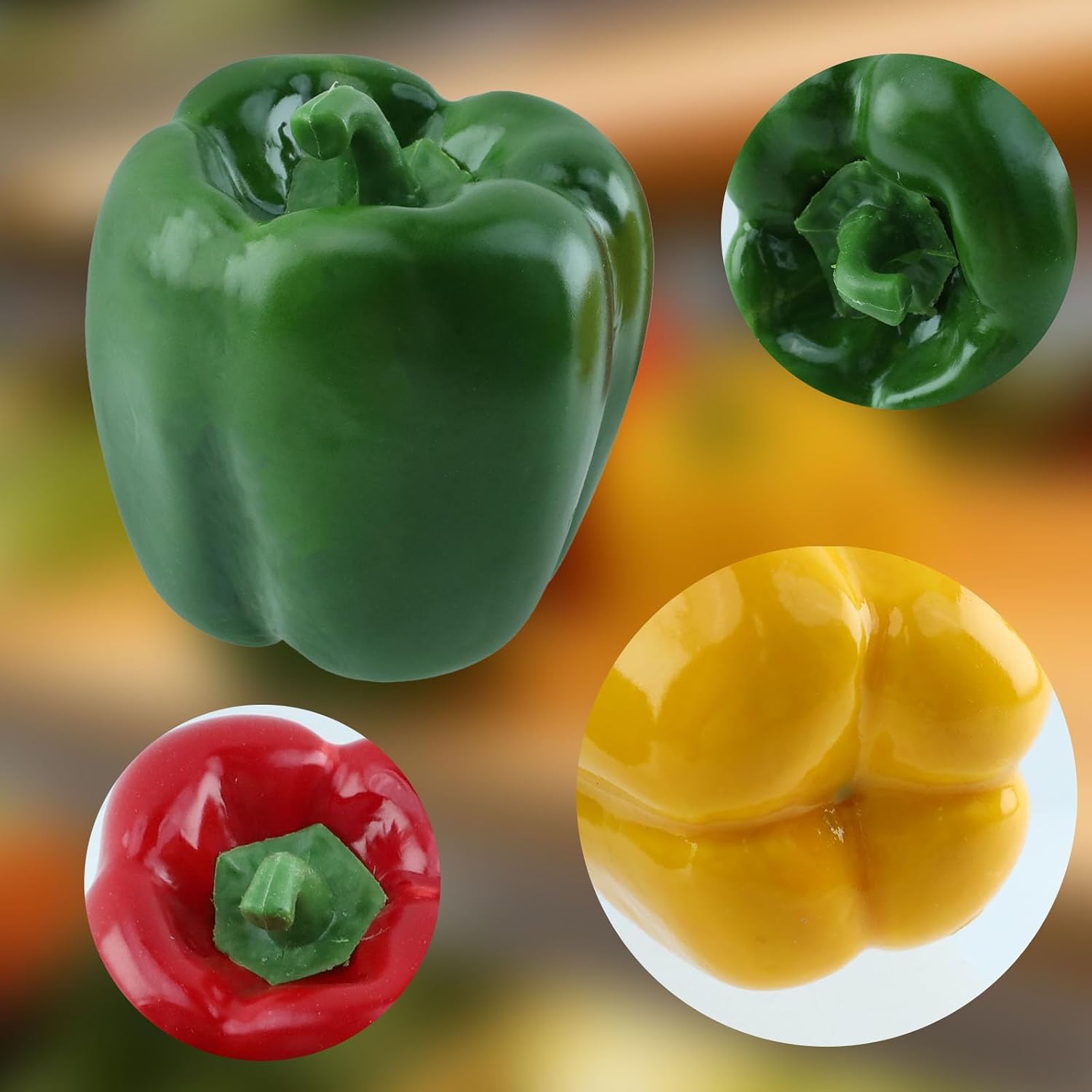 HEVSTIL 3Pack Artificial Bell Peppers,Fake Colorful Bell Peppers Artificial Veggie Lifelike Simulation for Still Life Paintings,Table Decor Photography (Red,Yellow,GreenBell Peppers)