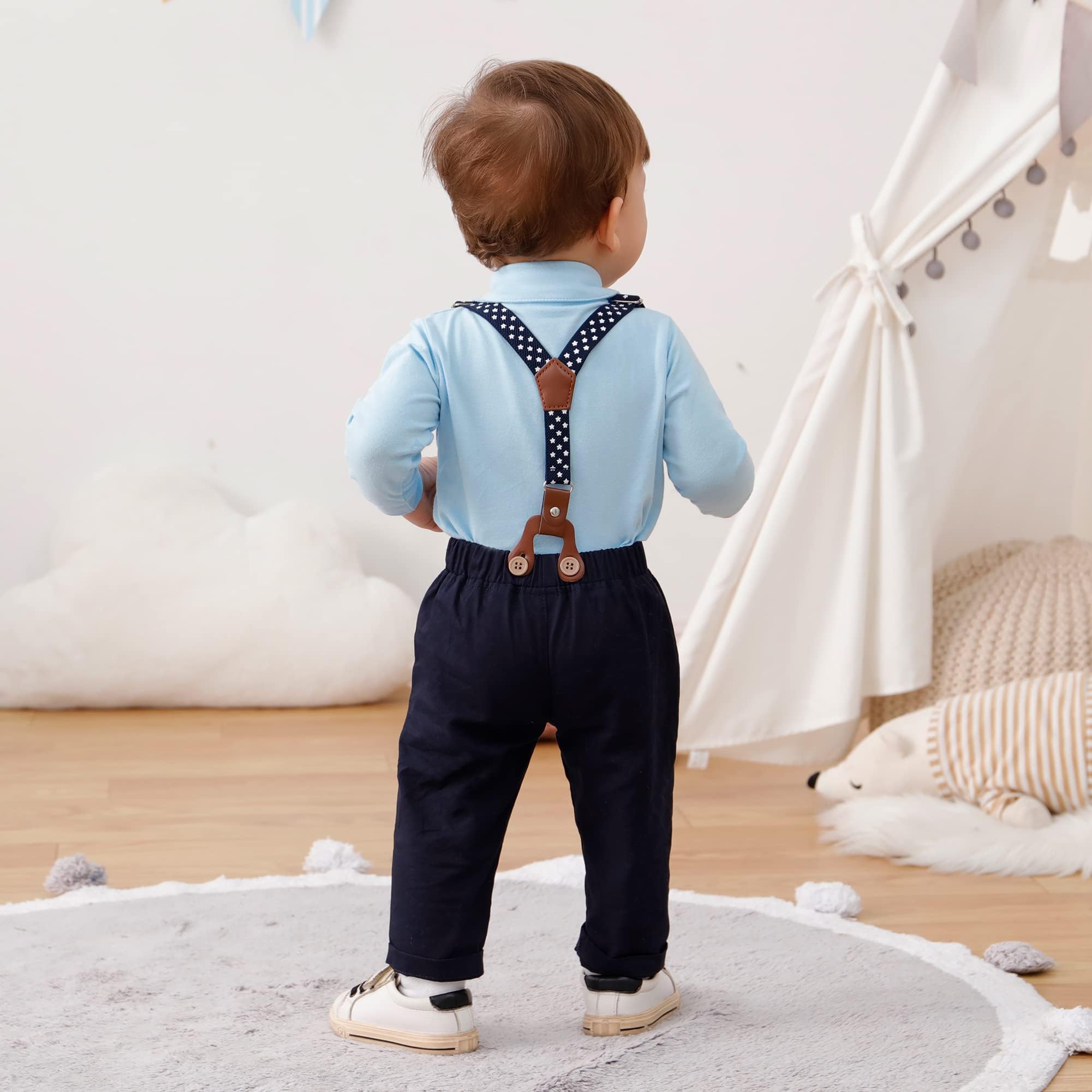 ZOEREA Trajes de Bebé Niño Conjunto de Ropa 0-18 Meses Peleles Monos con Pajarita + Tirantes Pantalones Bebé Niños Caballero Conjunto para Bautizo Fiesta Boda