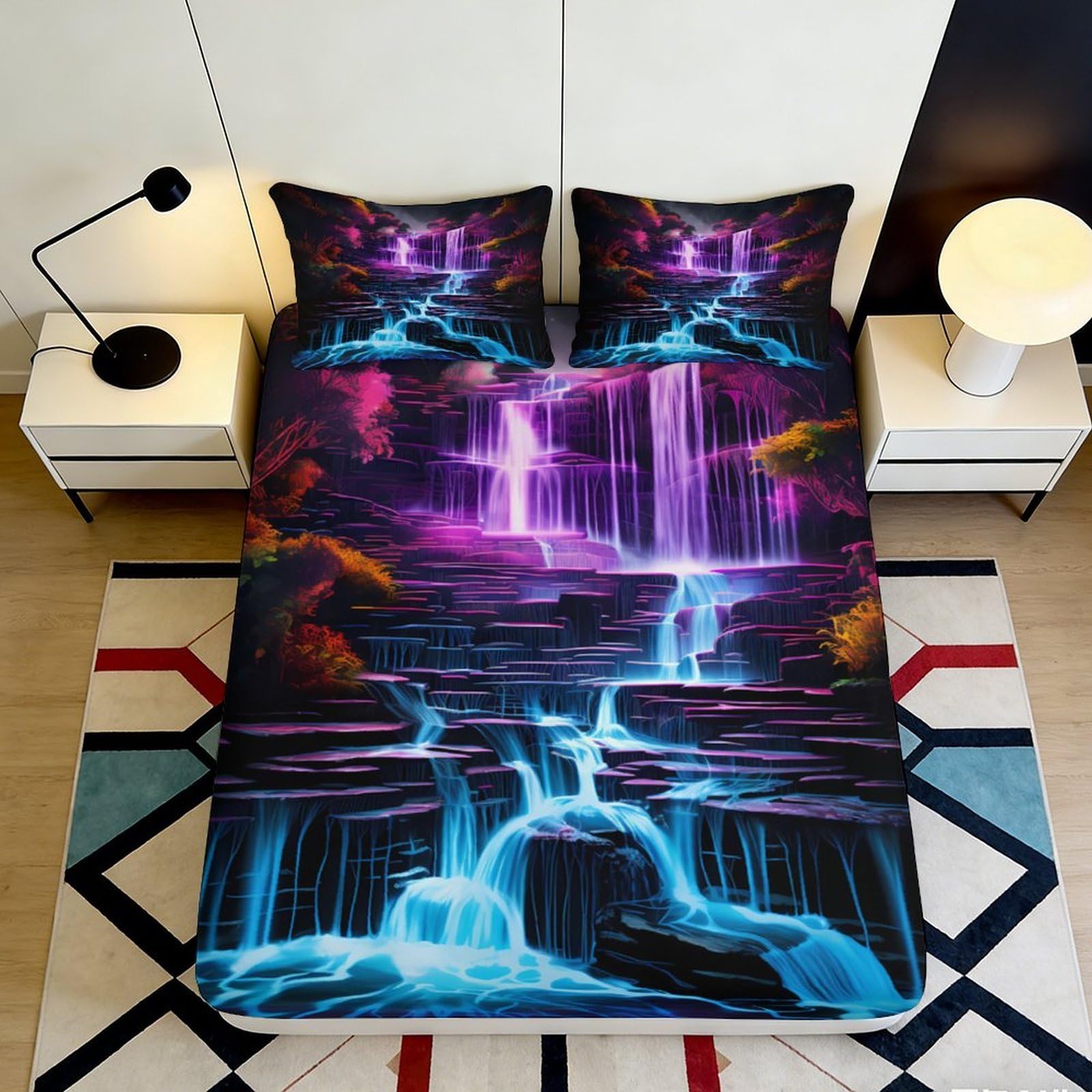3D Printed Neon Waterfall Fitted Sheet Microfiber Soft Bedroom Decor Cosmic Landscape Mattress Cover 90x200x25cm