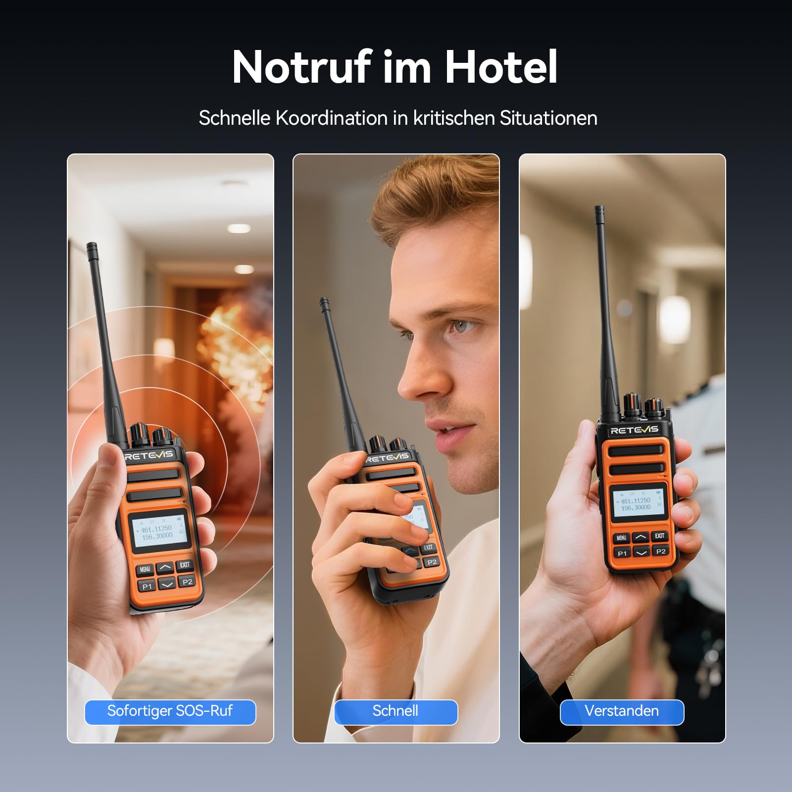 Retevis C66B Funkgeräte Set Lange Reichweite, Walkie Talkie mit Headset | Fast Charging Walkie Talkies, Noice Reduction, Emergency Alarm, Professional Funkgeräte für Restaurants, Hotels(Orange, 4Pcs)