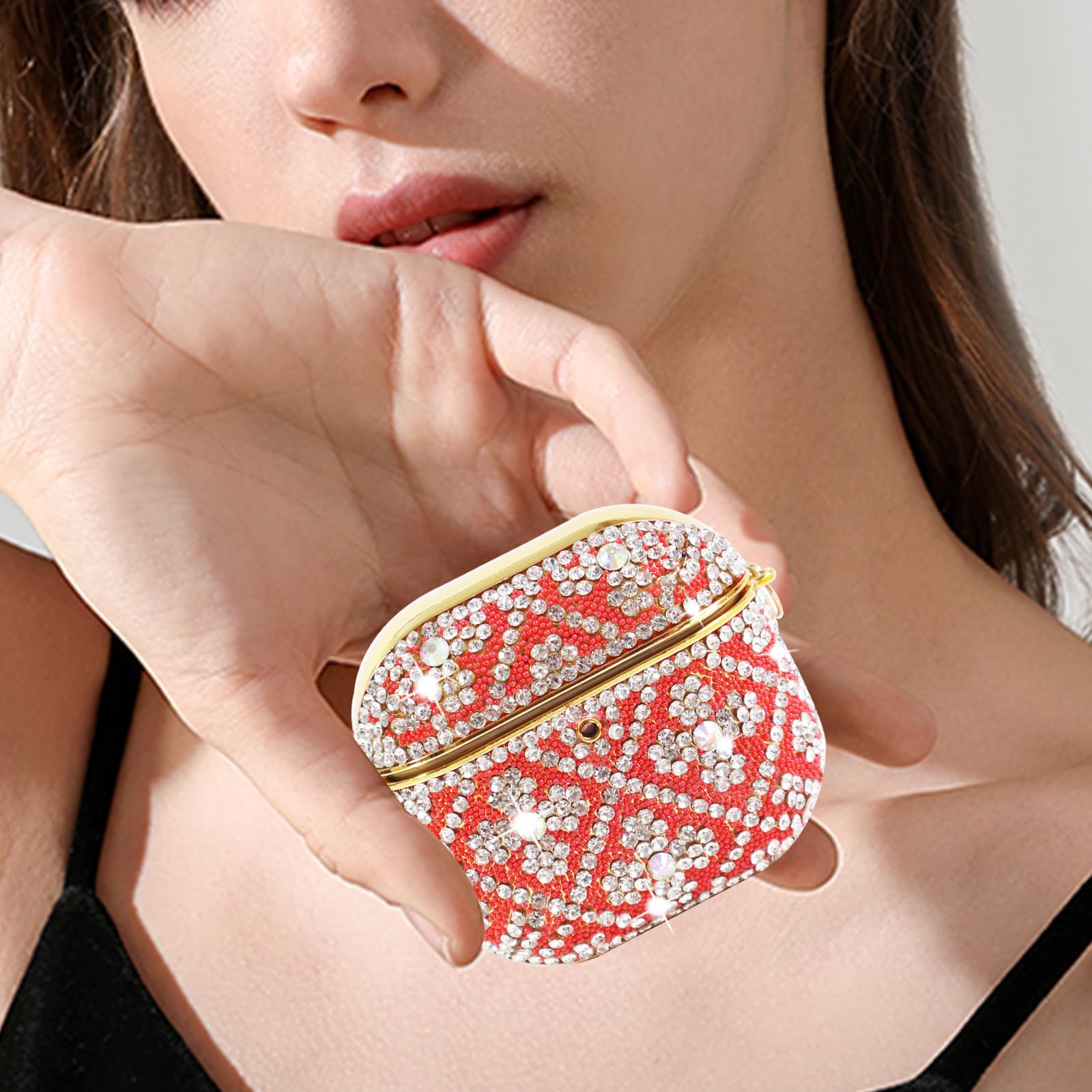 Funda compatible con AirPods 4 (2024), funda protectora con diamantes de imitación para AirPods de 4ª generación con bonito llavero brillante para mujeres y niñas (rojo)