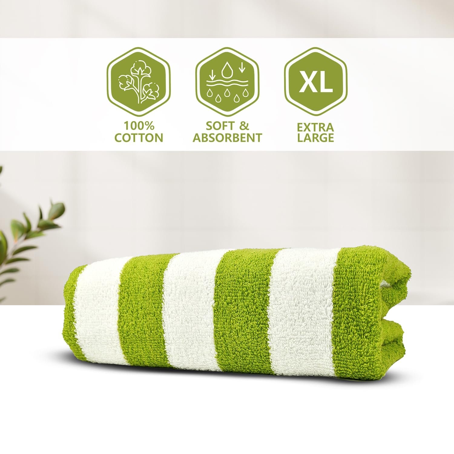 Layers Miami Green Cabana Stripes Pool Towel 550 GSM XL Size Beach Towel - Pack of 1 Bath Towels for Home, Hotel, Spa, Gym, Pool & More (90 x 180 cm) 1