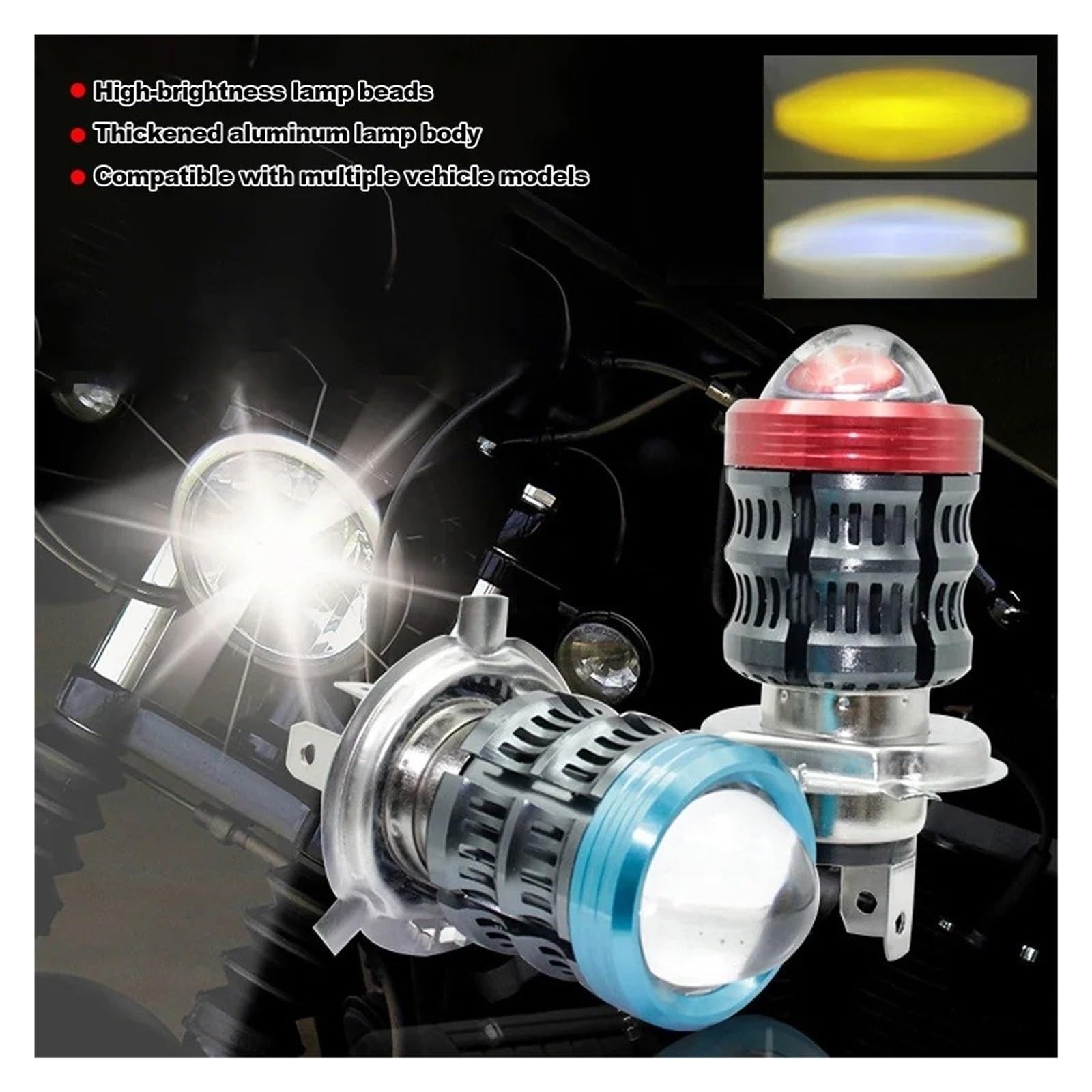 SANCAK Phare De Moto Lentille Led Stroboscopique H4 BA20D Bleu/rouge Phare Moto Scooter Ampoule Accessoires Pour DRL(A White Yellow)