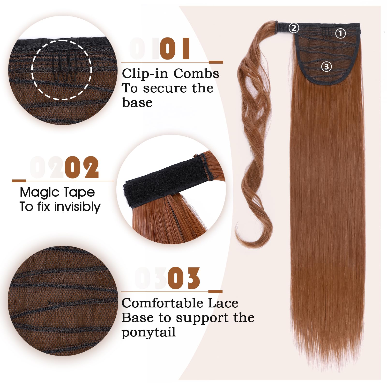 TESS Ponytail Extension 23 Inch,Hair Extensions Clip in Long Straight Synthetic Wrap Pony Tails Hair Pieces for Women(#30/130) - Image 3