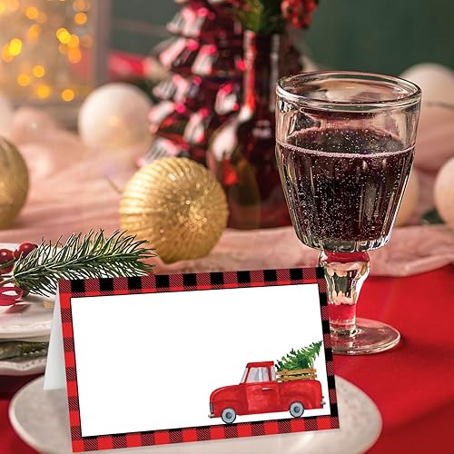 Miniatura 3 de Tarjetas de lugar con camión rojo, con puntuaciones para plegarse fácilmente, juego de 25 tarjetas de asiento de mesa estilo tienda, decoración de