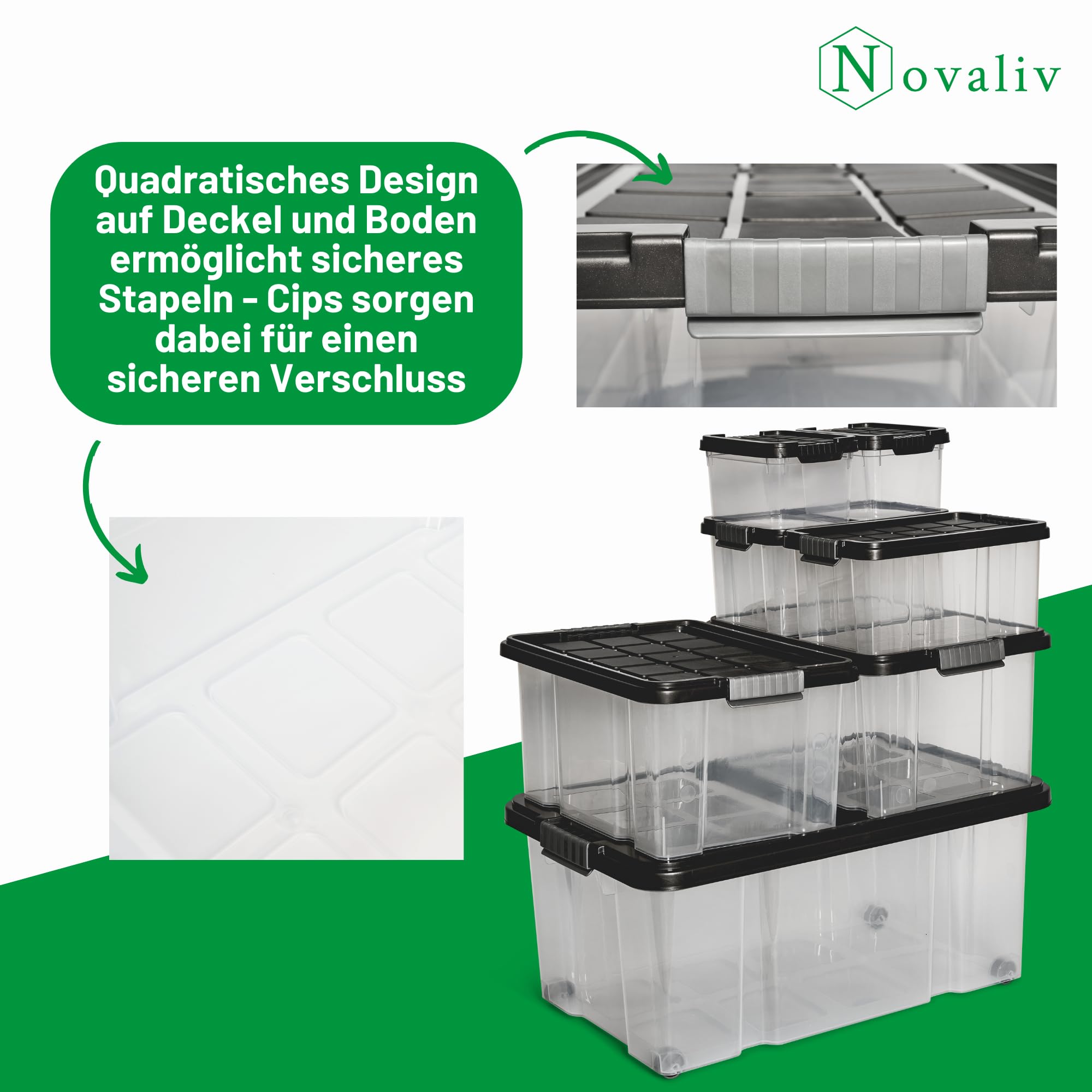 Novaliv 6 scatole portaoggetti con coperchio, 15 l, antracite, impilabili, con chiusura a clip, in plastica, senza BPA, 41 x 29 x 20 cm