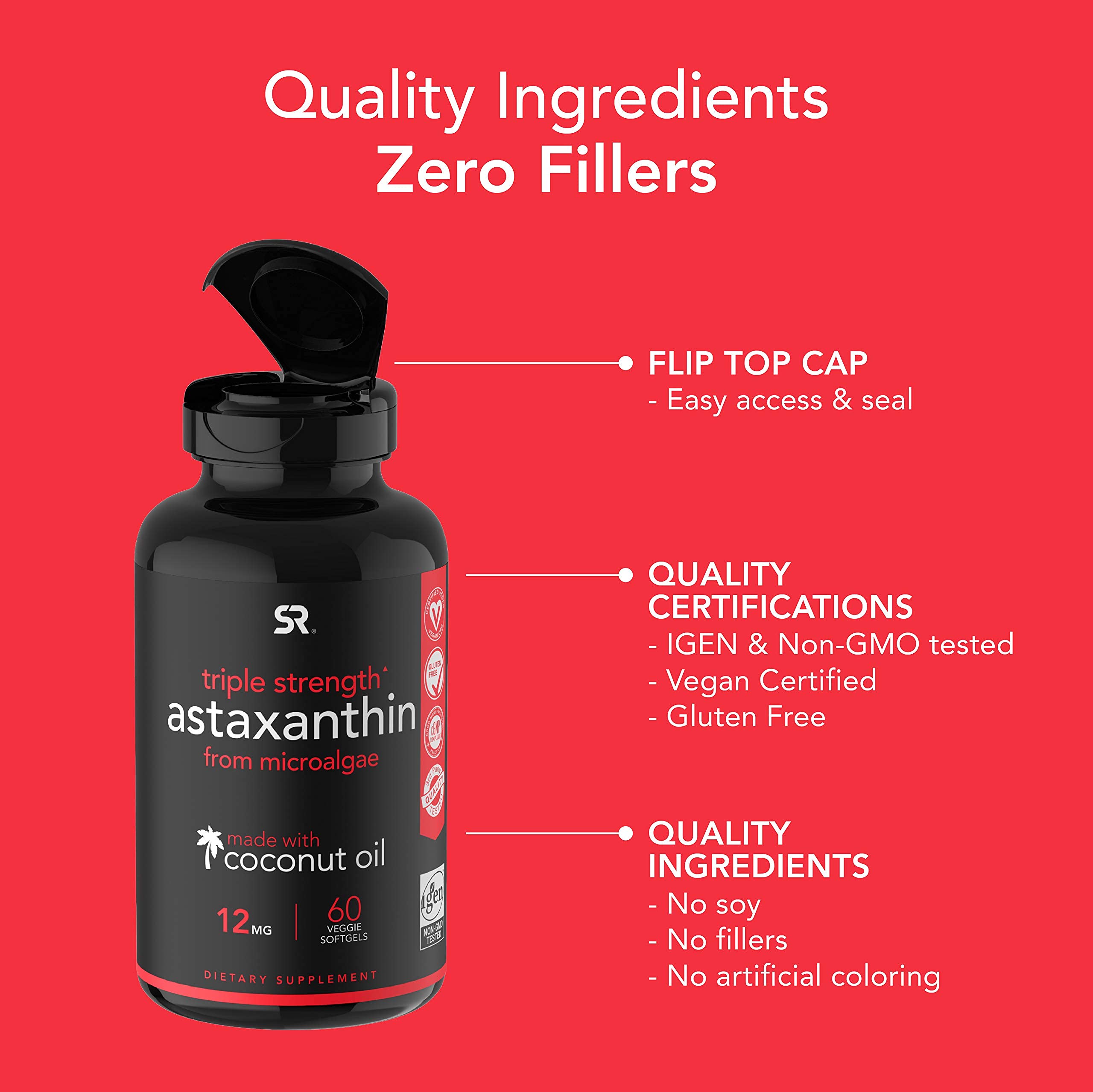 Vegan Astaxanthin (12mg) with Coconut Oil for Better Absorption Vegan