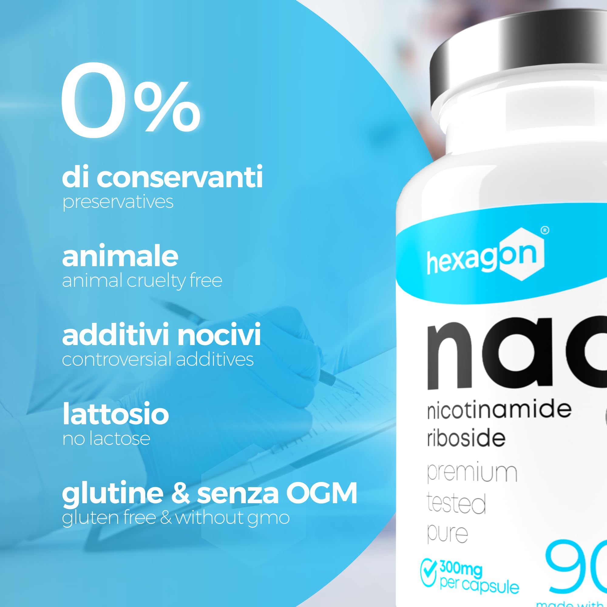 NAD+ Nicotinamide Riboside Chloride 300mg - +3 Mesi di Cura - NAD Booster - Anti-Età e Contro la Fatica, Supporto Nervoso - 90 Capsule Vegetali - Vegan & Premium - Hexagon